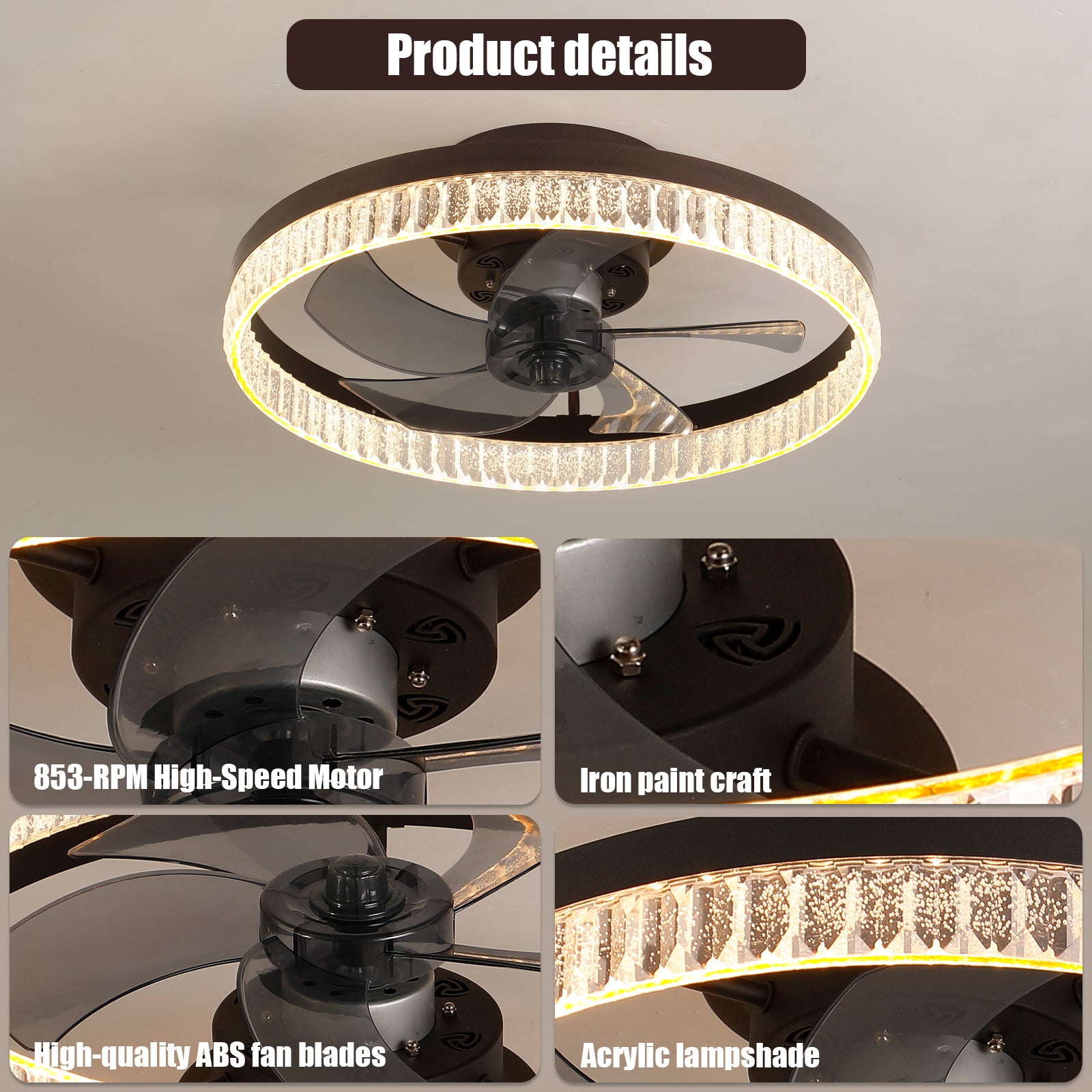 Ceiling Fans With Lights, Minimalist Ring Led Chandelier Fan With Remote Control Modern Ceiling Lamp For Bedroom Nursery Living Room Brown Iron