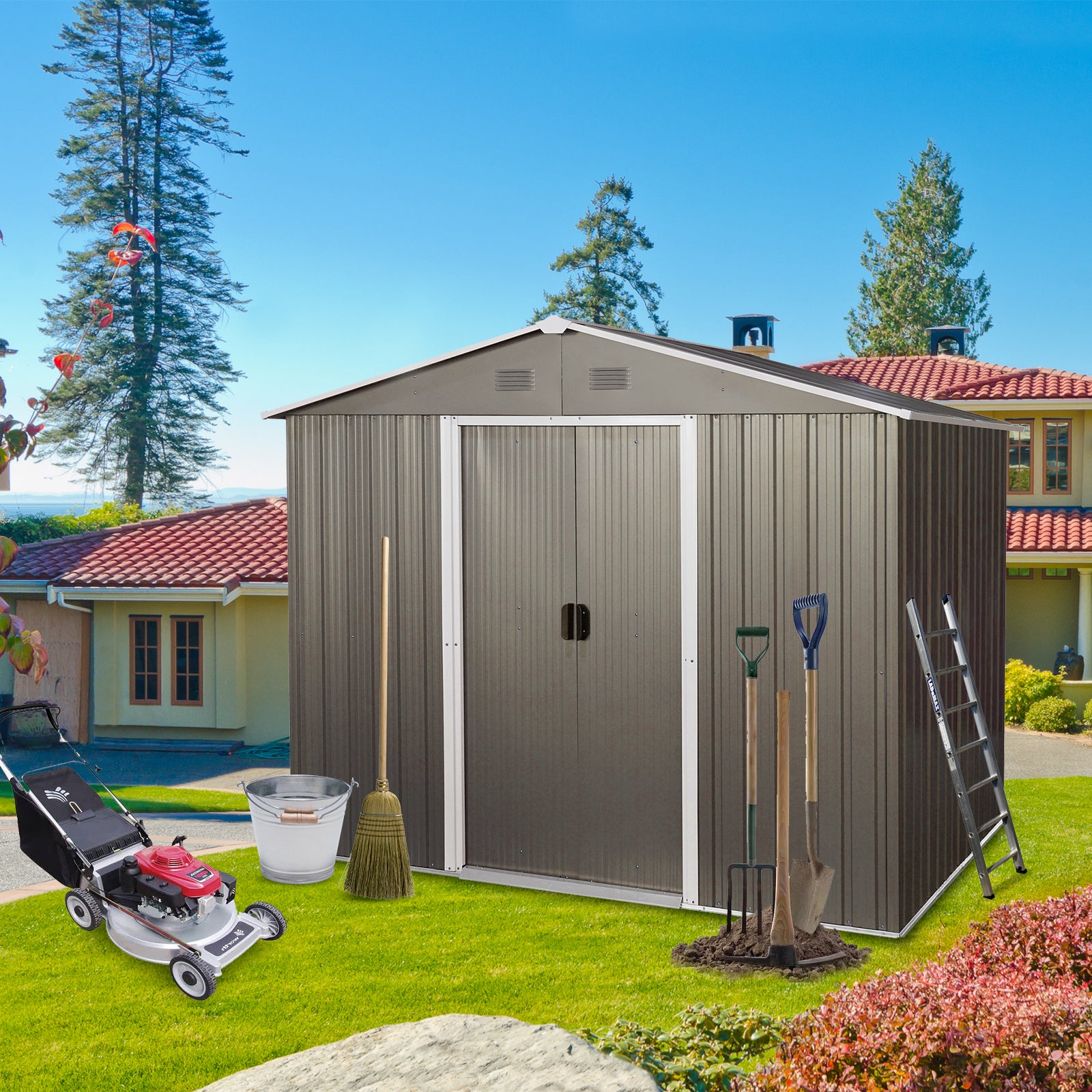 6ft x 8ft Outdoor Metal Storage Shed with Floor gray-iron