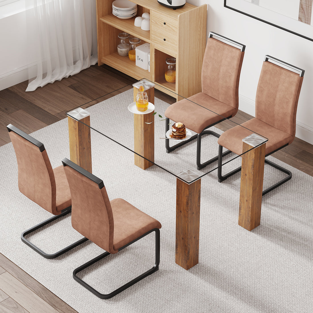 Table And Chair Set, 1 Table And 4 Chairs. A Modern And Minimalist Rectangular Dining Table. Glass Desktop And Wood Colar Mdf Table Legs. Paired With Brown Chairs X05 C 1162 Natural Wood Wash Mdf Glass