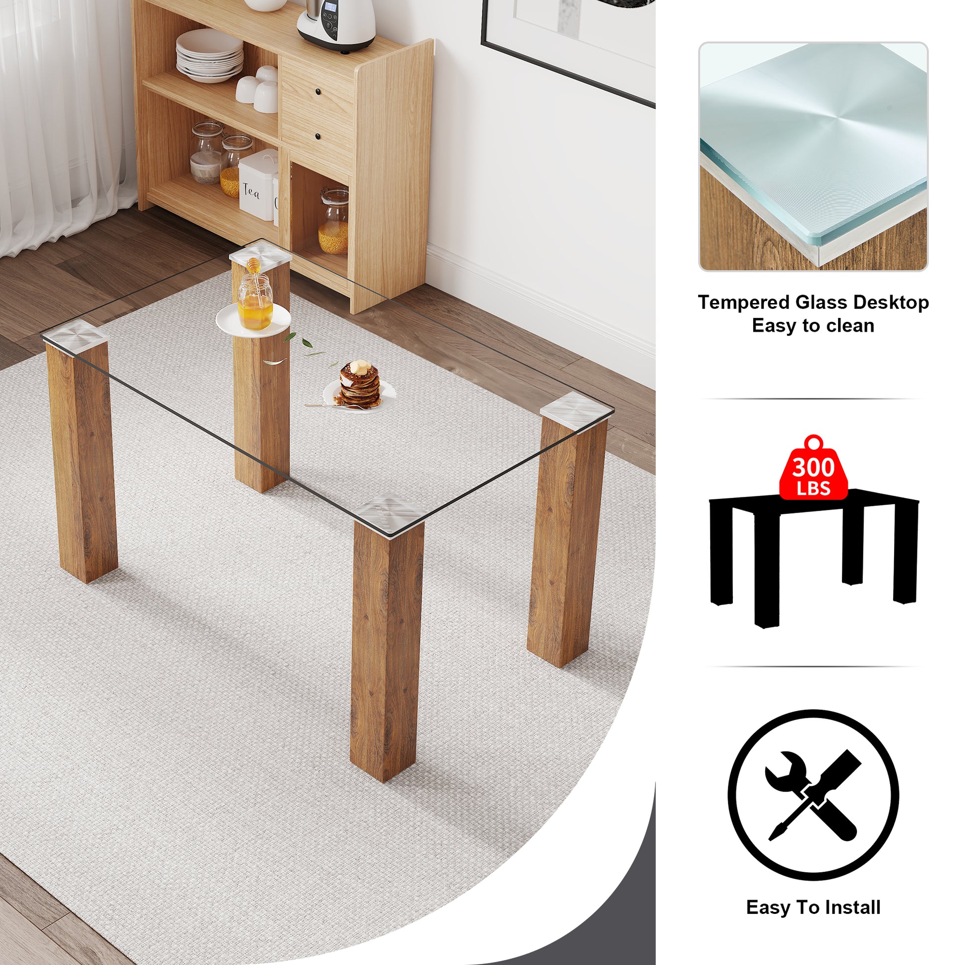 Modern Minimalist Rectangular Dining Table. Glass Desktop And Wooden Mdf Table Legs. Suitable For Restaurants And Living Rooms51"*31.4"*30" Wood Mdf Glass