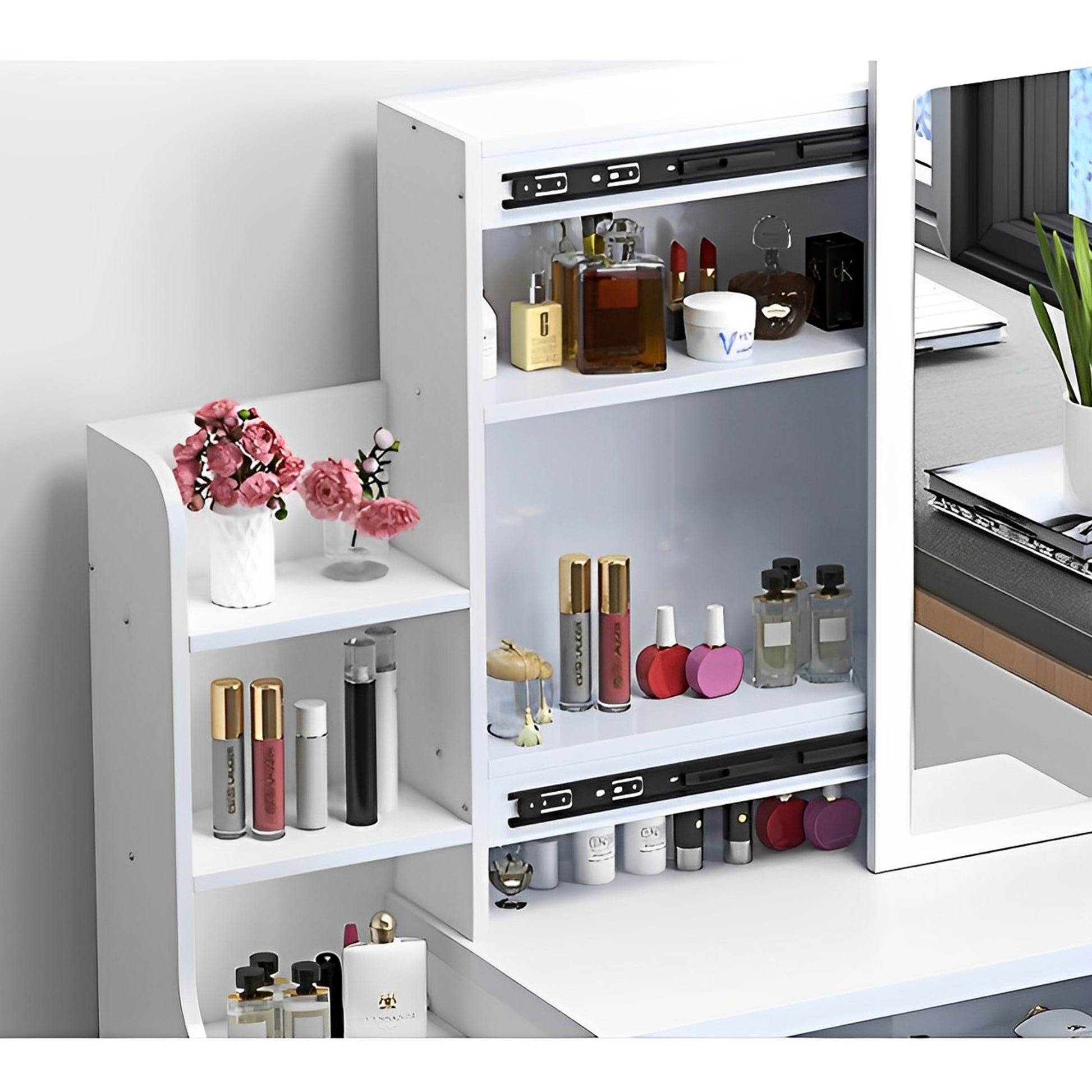 Fashion Vanity Desk With Mirror And Lights For Makeup And Chair, Vanity Mirror With Lights And Table Set With 3 Color Lighting Brightness Adjustable, 4 Drawers, White Color White Mdf