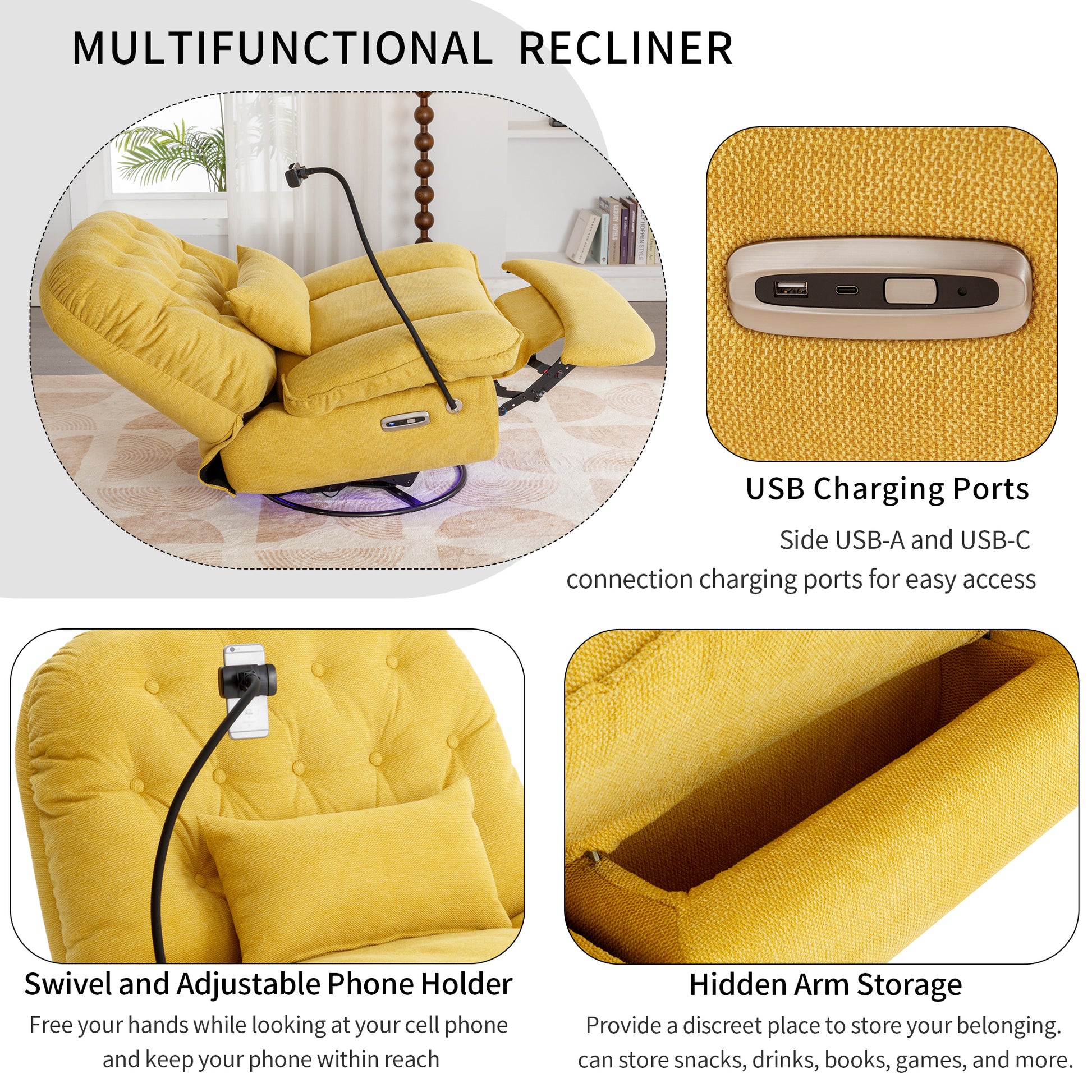 270 Degree Swivel Power Recliner With Voice Control, Bluetooth Music Player,Usb Ports, Atmosphere Lamp, Hidden Arm Storage And Mobile Phone Holder For Living Room, Bedroom, Apartment, Yellow Yellow Foam Linen