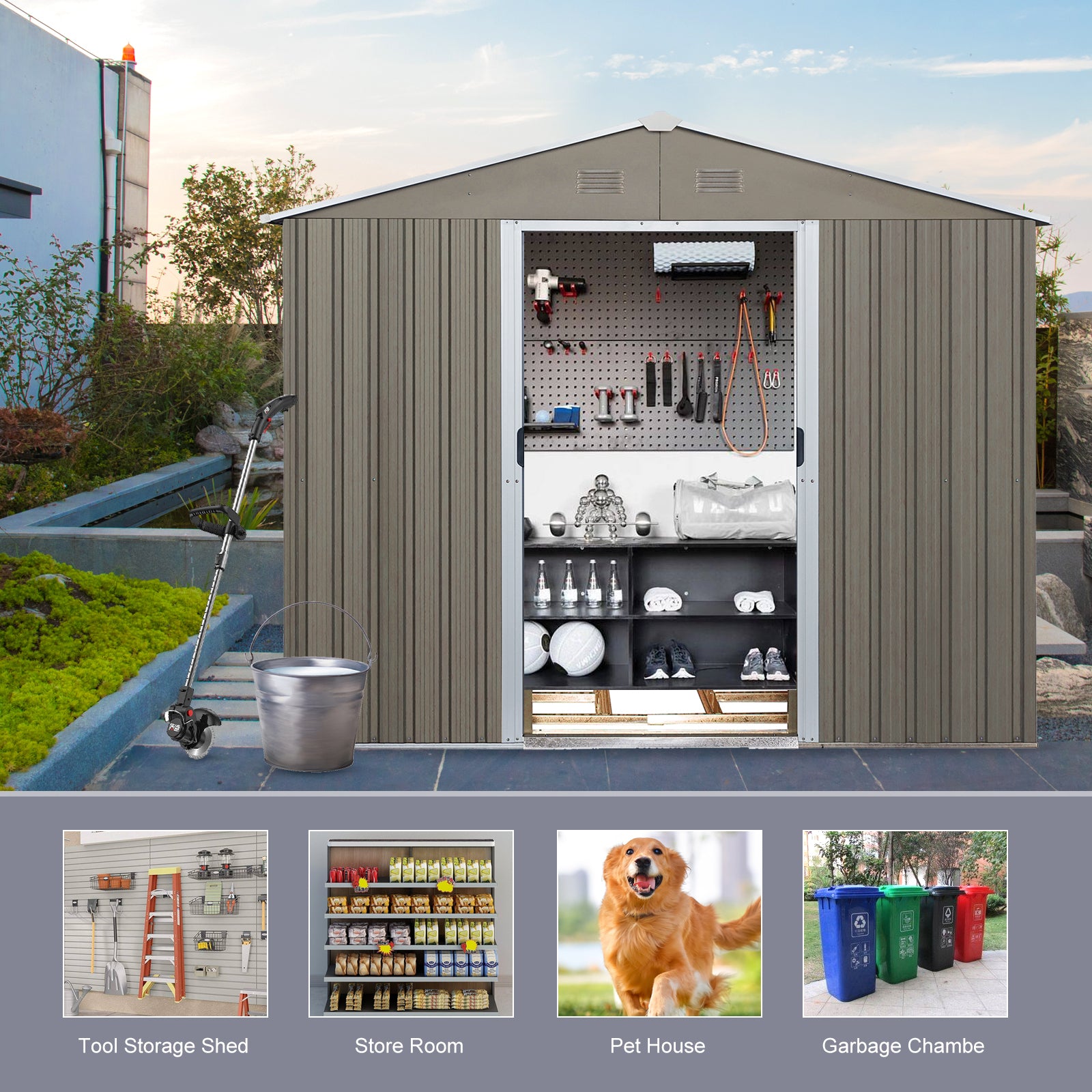 6ft x 8ft Outdoor Metal Storage Shed with Floor grey-iron