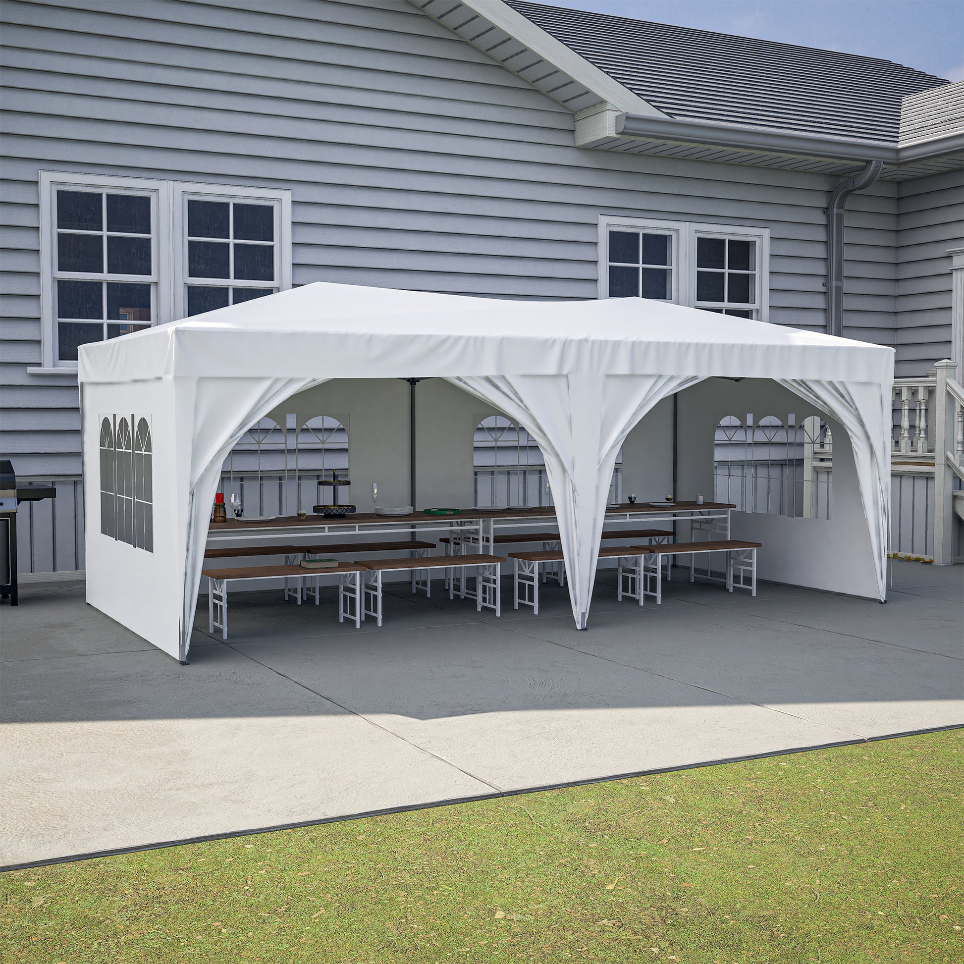 10'X20' Ez Pop Up Canopy Outdoor Portable Party Folding Tent With 6 Removable Sidewalls Carry Bag 6Pcs Weight Bag Beige White White Metal