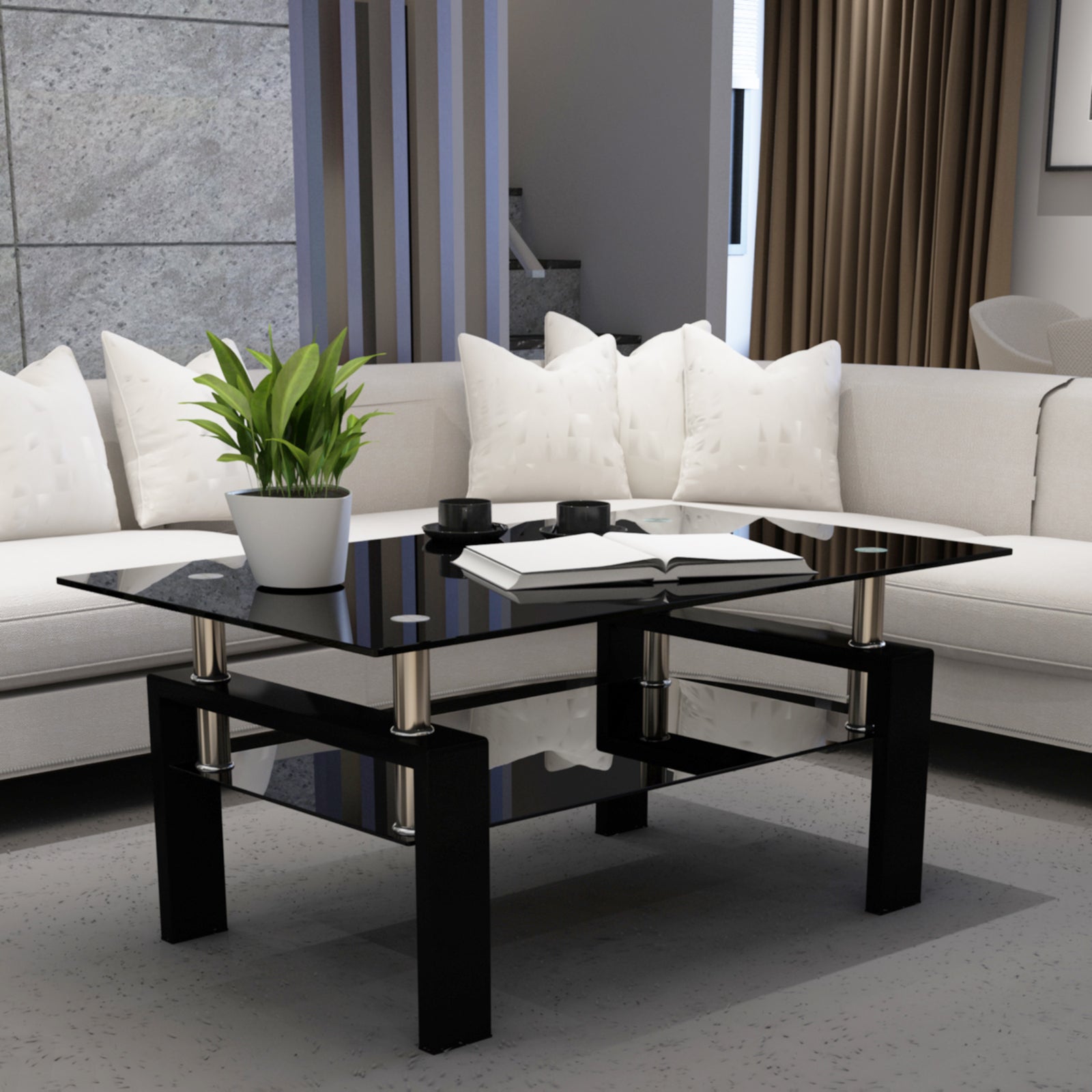 Rectangle Black Glass Coffee Table, Clear Coffee Table,Modern Side Cen