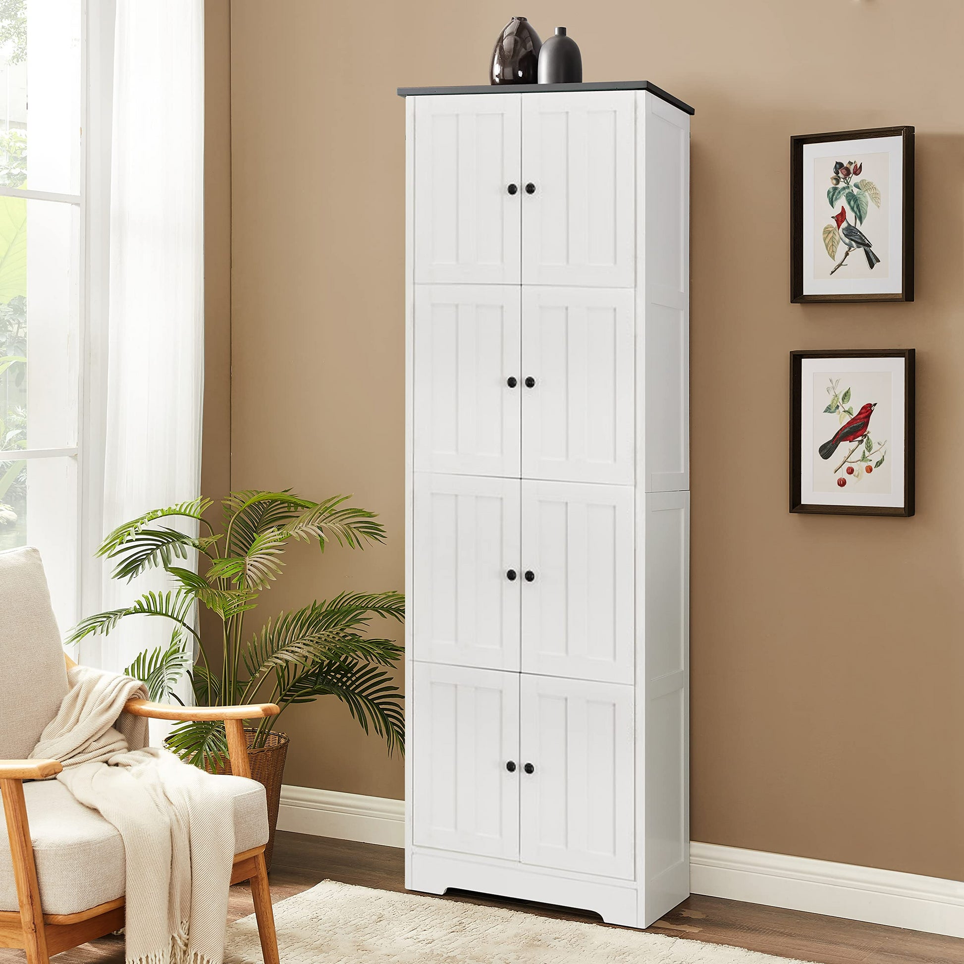 Tall Storage Cabinet With 8 Doors And 4 Shelves, Wall Storage Cabinet For Living Room, Kitchen, Office, Bedroom, Bathroom, White White Mdf