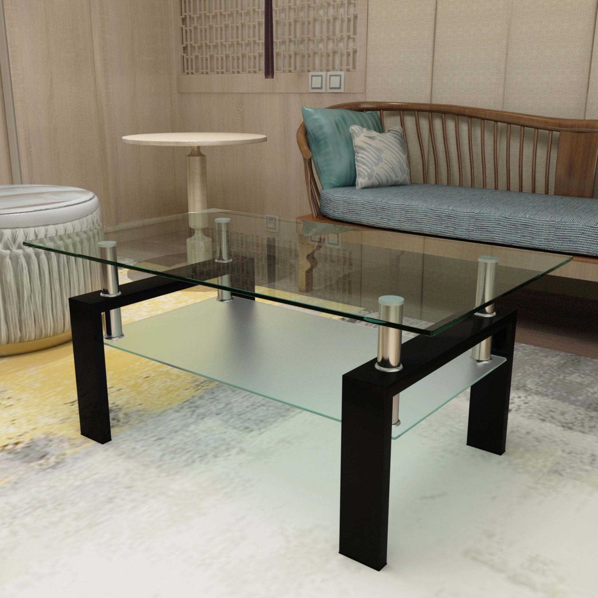 Rectangle Black Glass Coffee Table, Clear Coffee Table, Modern Side Center Tables For Living Room, Living Room Furniture Black Glass