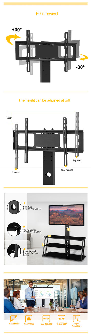 Black Multi Function Angle And Height Adjustable Tempered Glass Tv Stand Black 70 79 Inches Glass