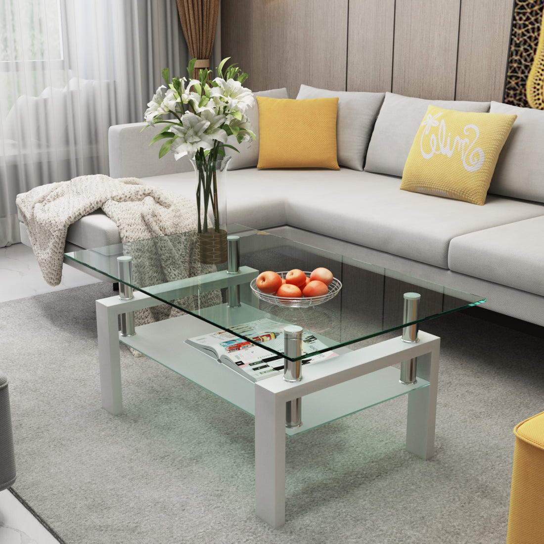 White Coffee Table, Clear Coffee Table, Modern Side Center Tables For Living Room, Living Room Furniture White Glass