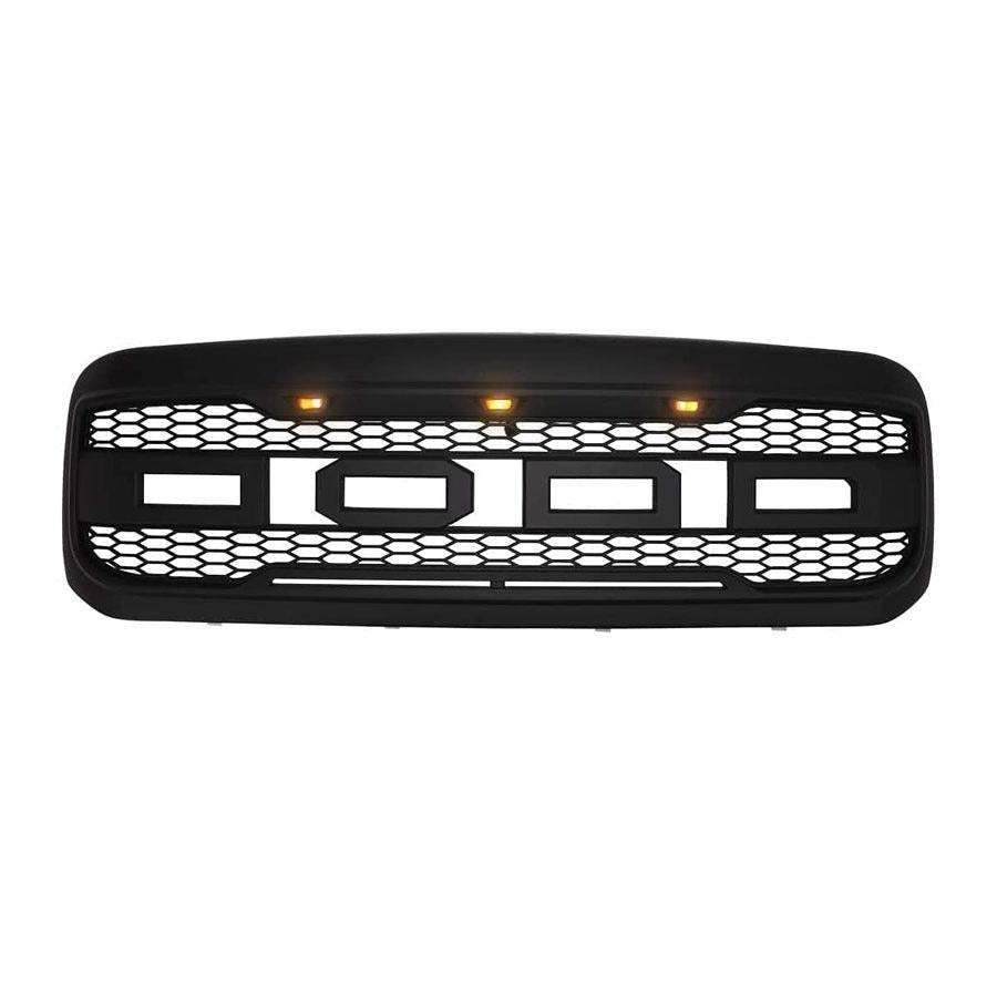 Front Grill For 1999 2000 2001 2002 2003 2004 Ford F250 F350 F450 Super Duty Raptor Style Grill With 3 Amber Led Lights & Letters Matte Black Matt Black Abs Abs