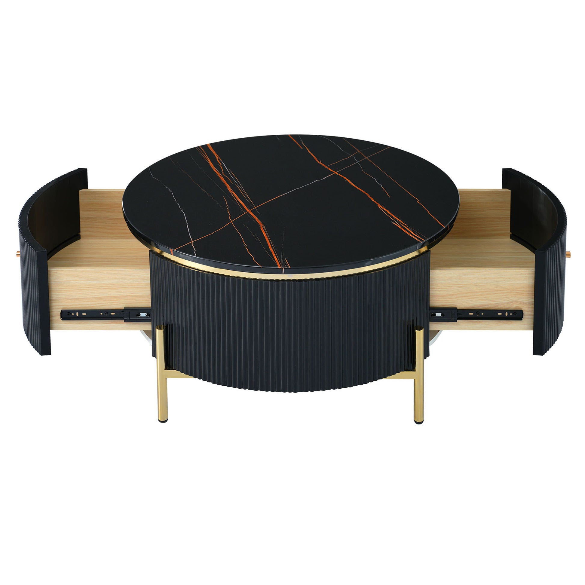 Modern Round Coffee Table With 2 Large Drawers Storage Accent Table 31.5'' Black Mdf