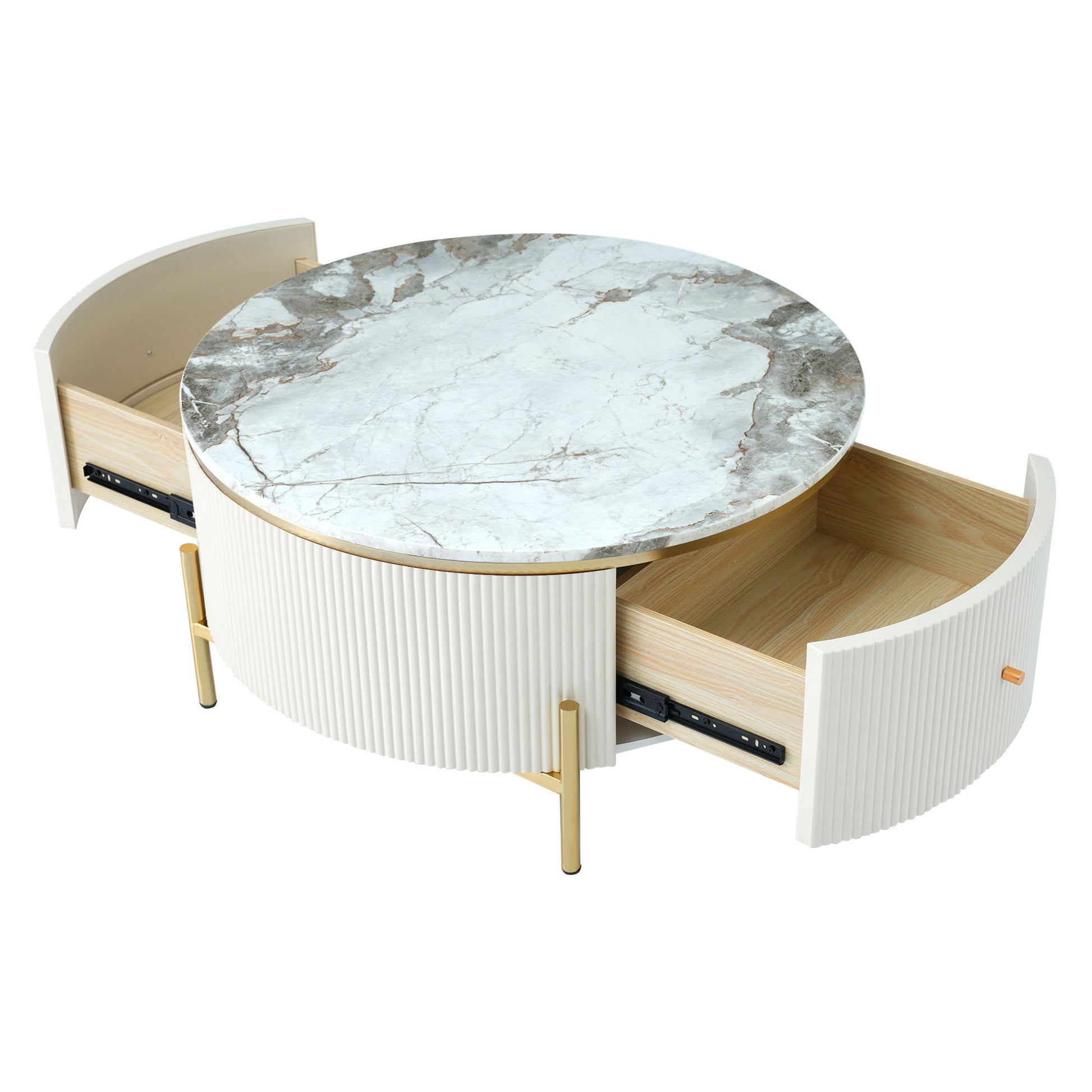 Modern Round Coffee Table With 2 Large Drawers Storage Accent Table 31.5'' Off White Mdf