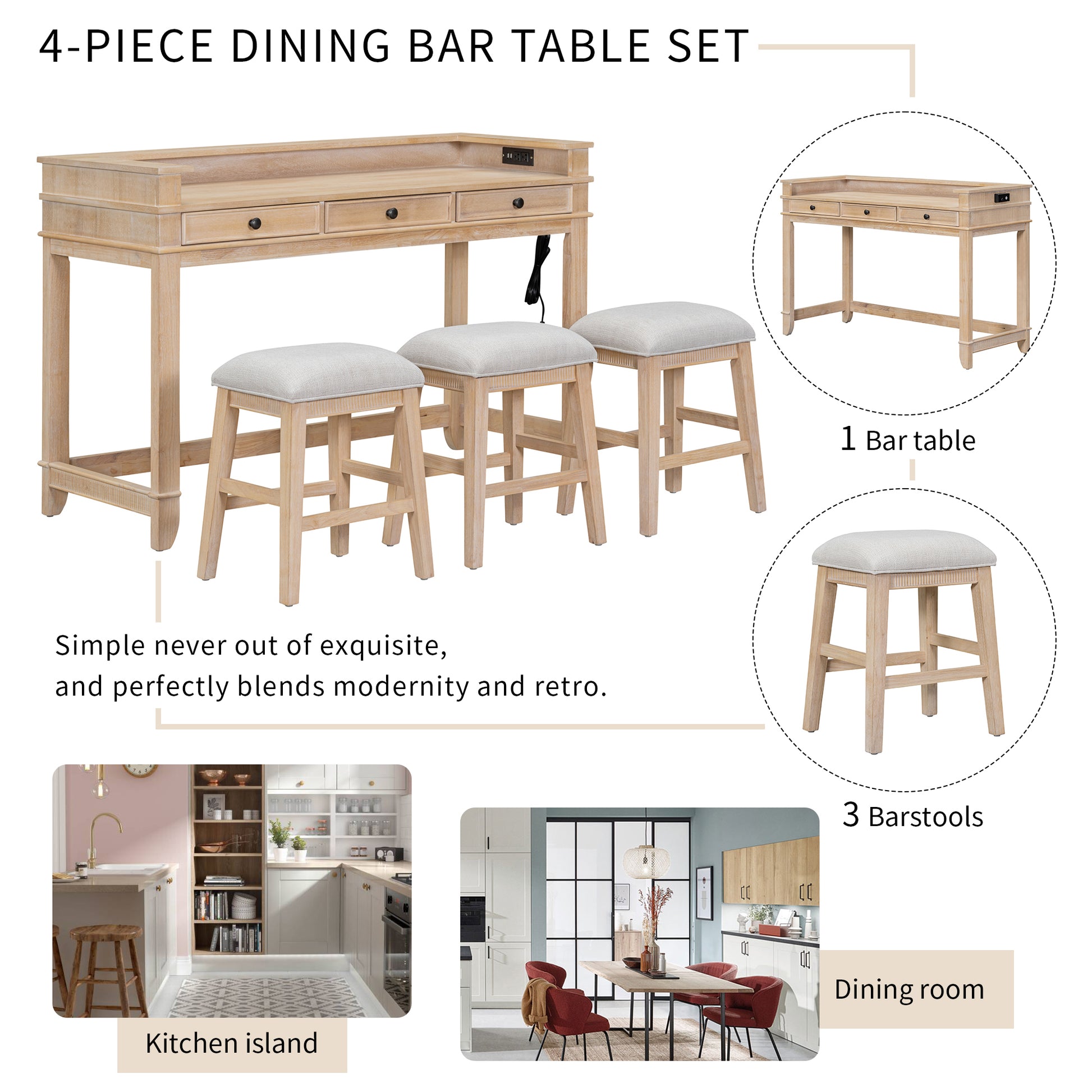 Txrem 4 Piece Dining Bar Table Set With 3 Upholstered Stools, Multifunctional Dining Table With 3 Drawers Natural Wood Wash Natural Wood Wash Rubber Wood