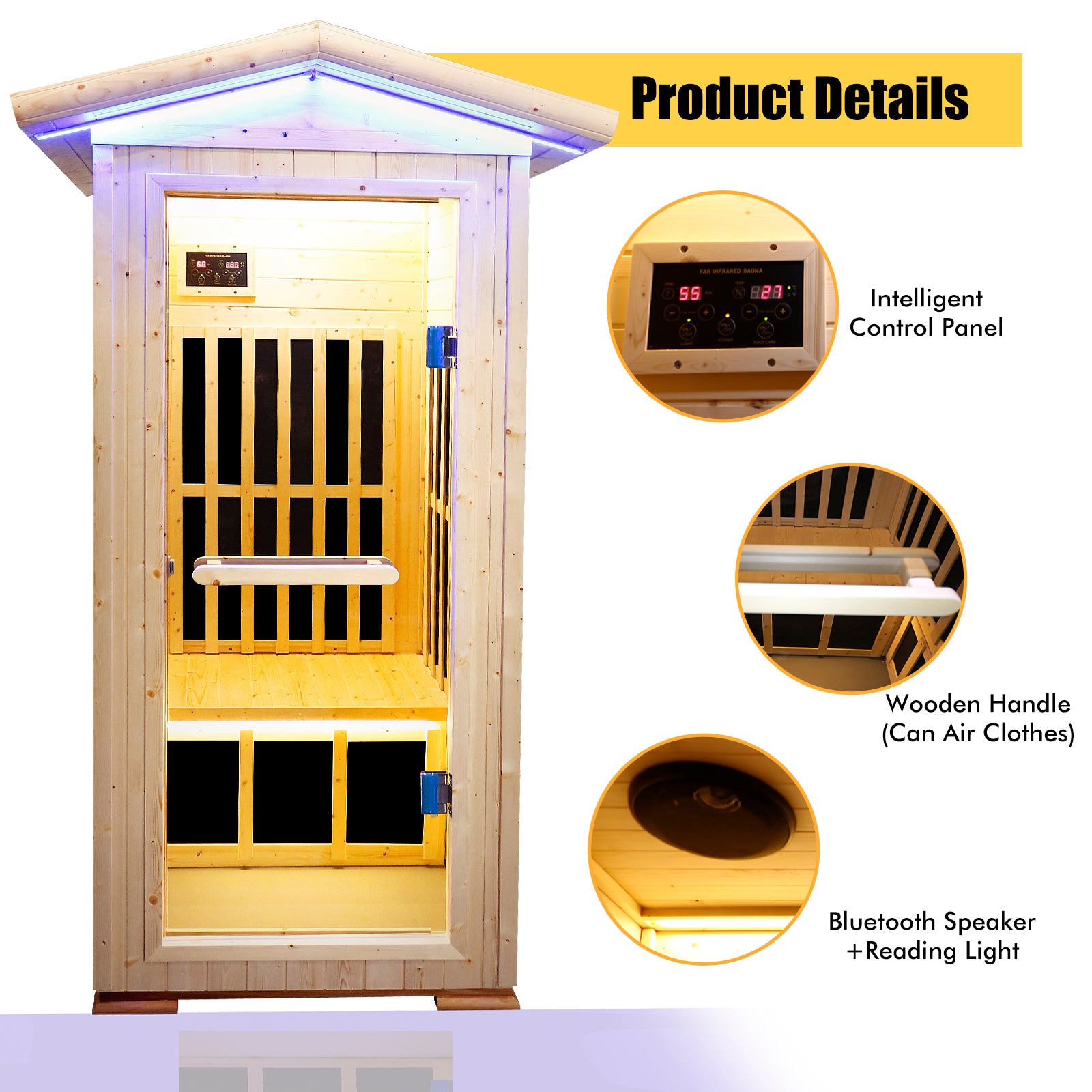 Single Person Spruce Far Infrared Sauna Hair Natural Wood Stainless Steel Glass