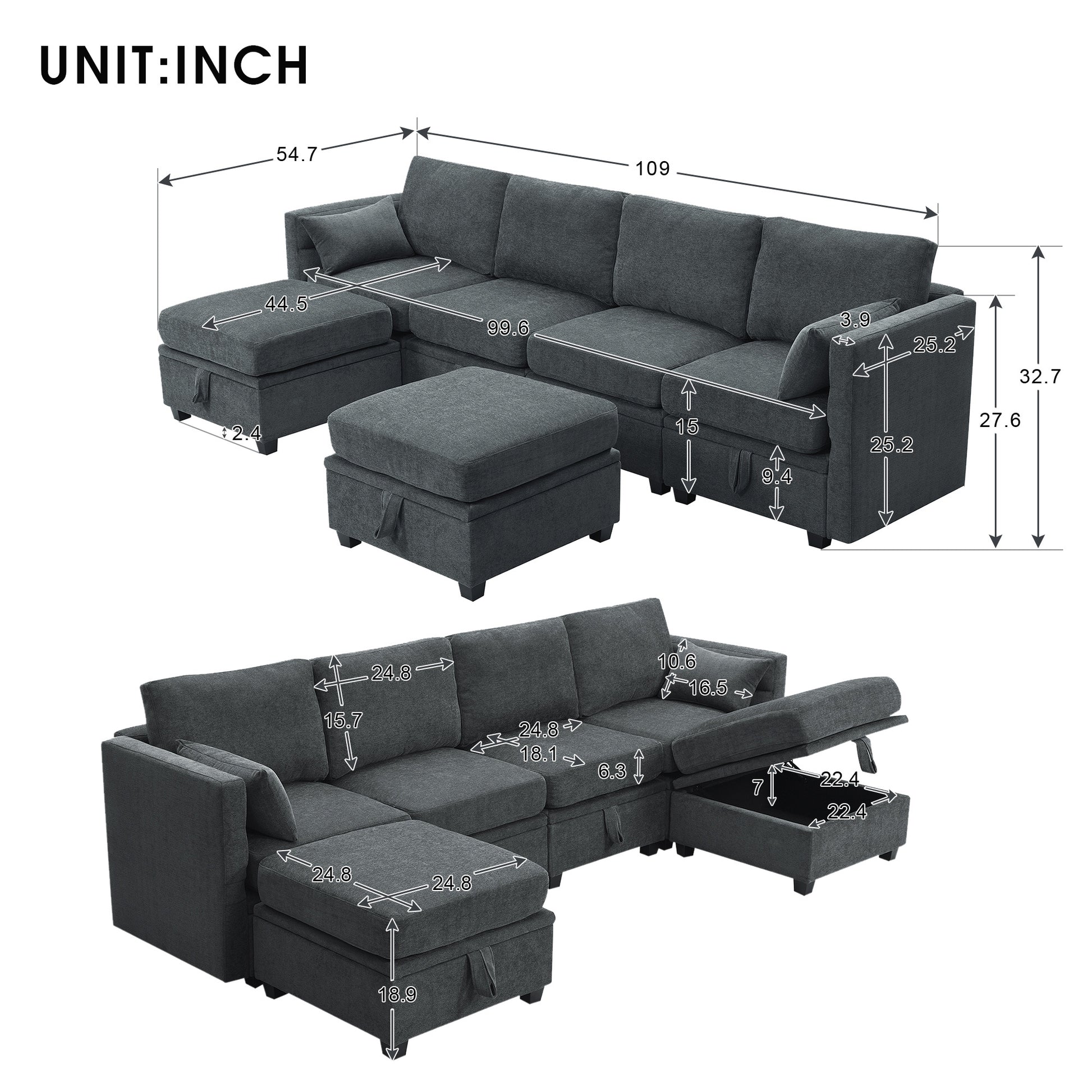 109*54.7" Chenille Modular Sectional Sofa,U Shaped Couch With Adjustable Armrests And Backrests,6 Seat Reversible Sofa Bed With Storage Seats For Living Room, Apartment,2 Colors Grey Chenille 6 Seat