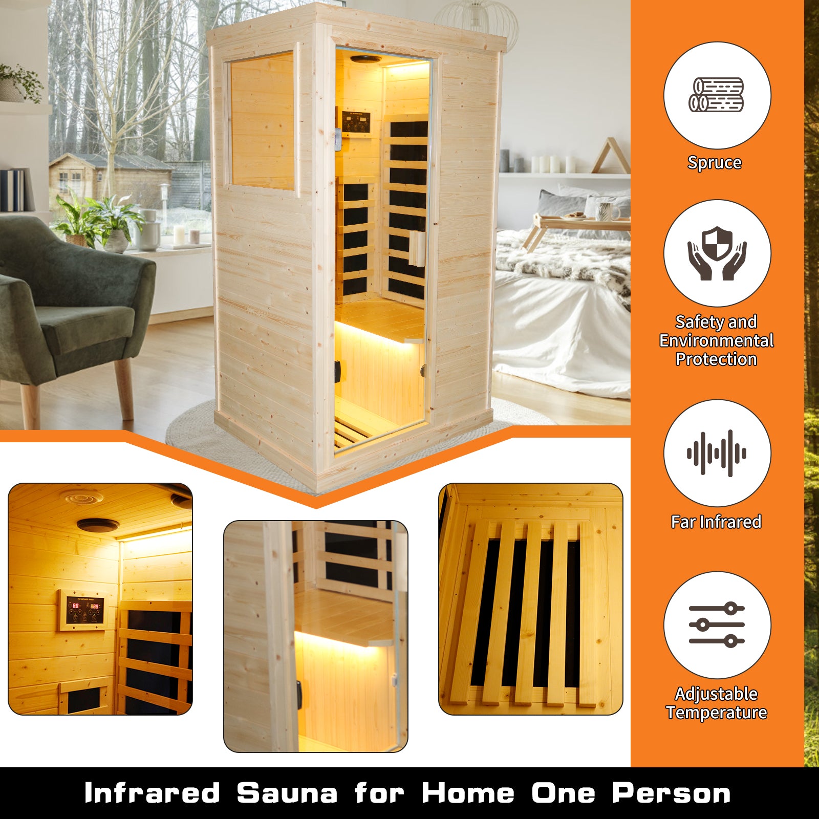 Single Person Spruce Far Infrared Sauna Hair Natural Wood Stainless Steel Glass