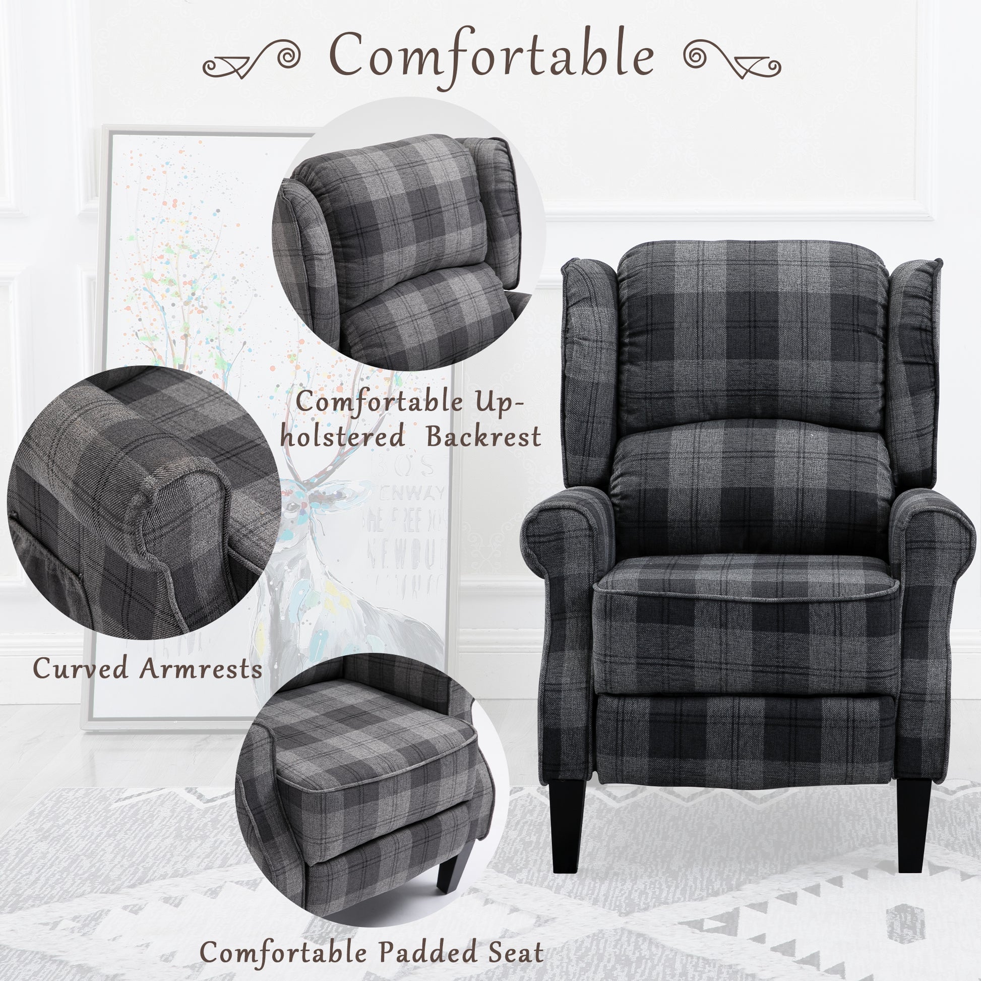 Vintage Armchair Sofa Comfortable Upholstered Leisure Chair Recliner Chair For Living Room Grey Check Grey Fabric 1 Seat