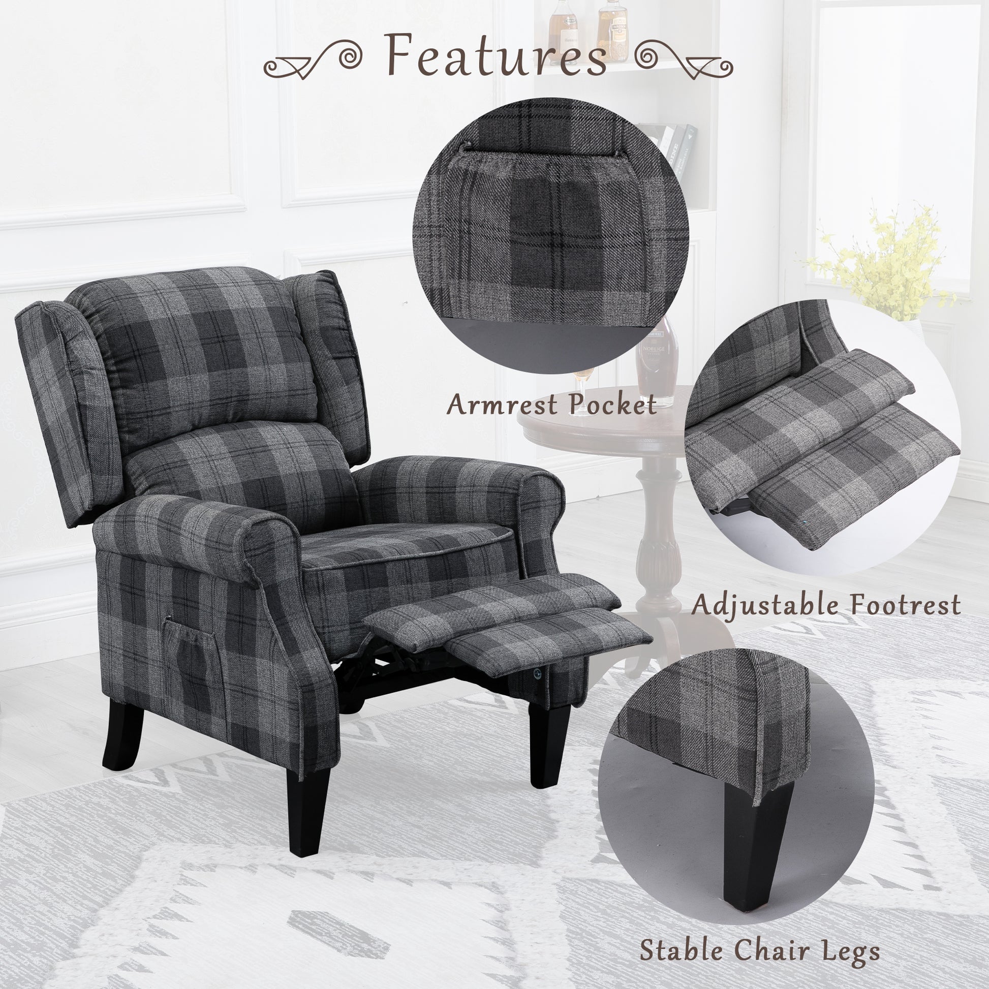 Vintage Armchair Sofa Comfortable Upholstered Leisure Chair Recliner Chair For Living Room Grey Check Golden Fabric