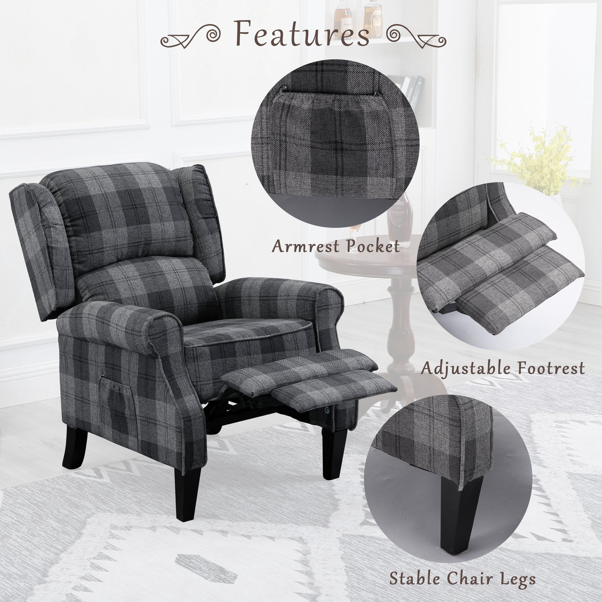 Vintage Armchair Sofa Comfortable Upholstered Leisure Chair Recliner Chair For Living Room Grey Check Grey Fabric 1 Seat