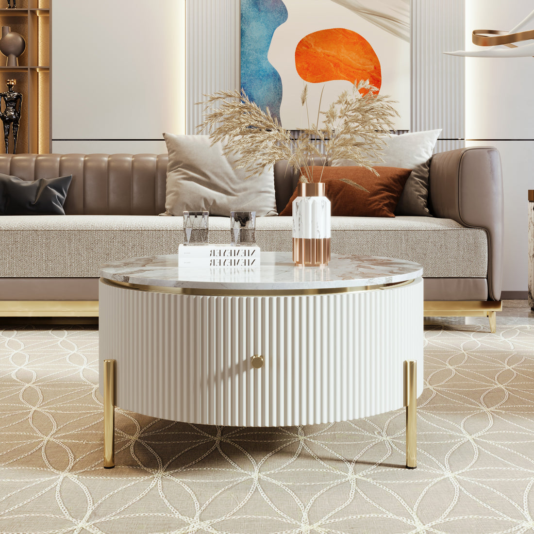 Modern Round Coffee Table With 2 Large Drawers Storage Accent Table 31.5'' Off White Mdf