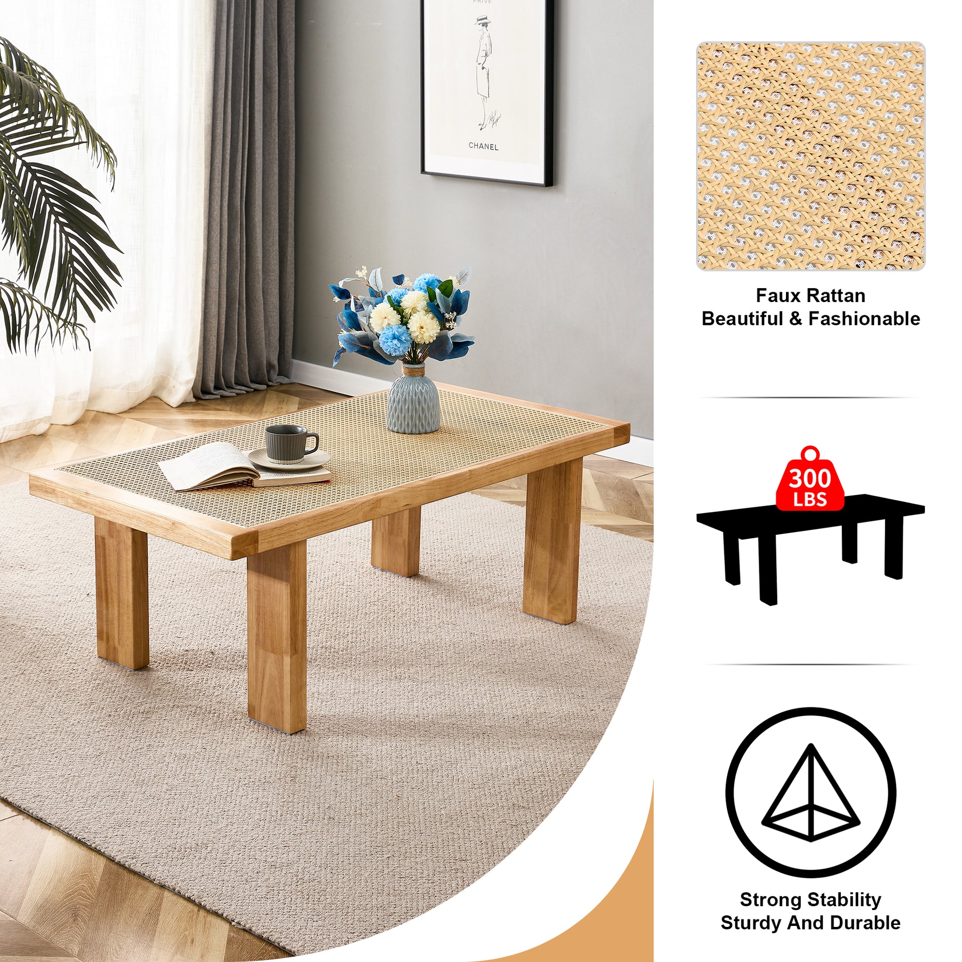 Modern And Minimalist Rectangular Rattan Tabletop With Rubber Wooden Legs, Imitation Rattan Woven Chinese Side Table, Suitable For Small Rectangular Tables In Living Rooms, Dining Rooms, And Bedrooms Natural Wood Solid Wood