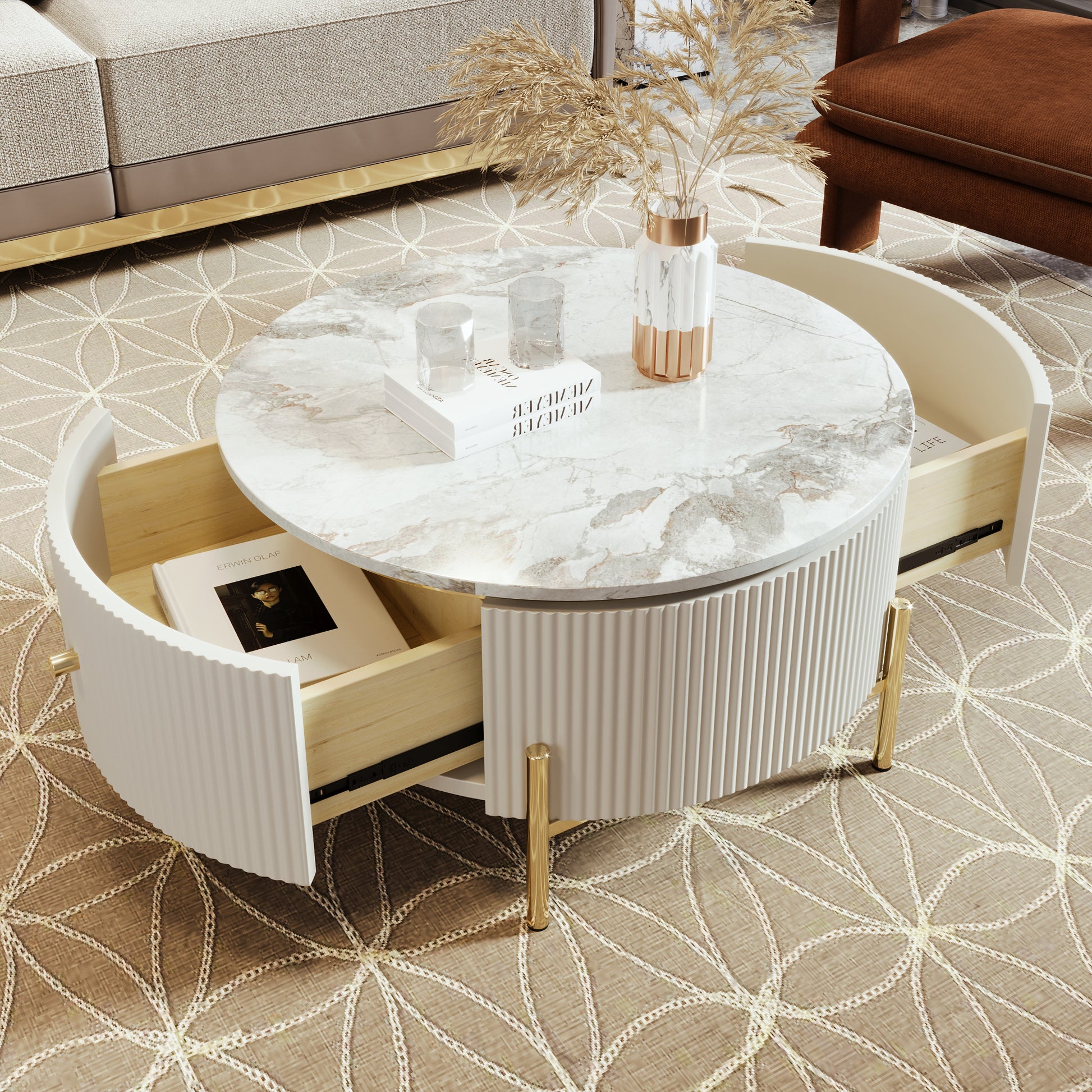 Modern Round Coffee Table With 2 Large Drawers Storage Accent Table 31.5'' Off White Mdf