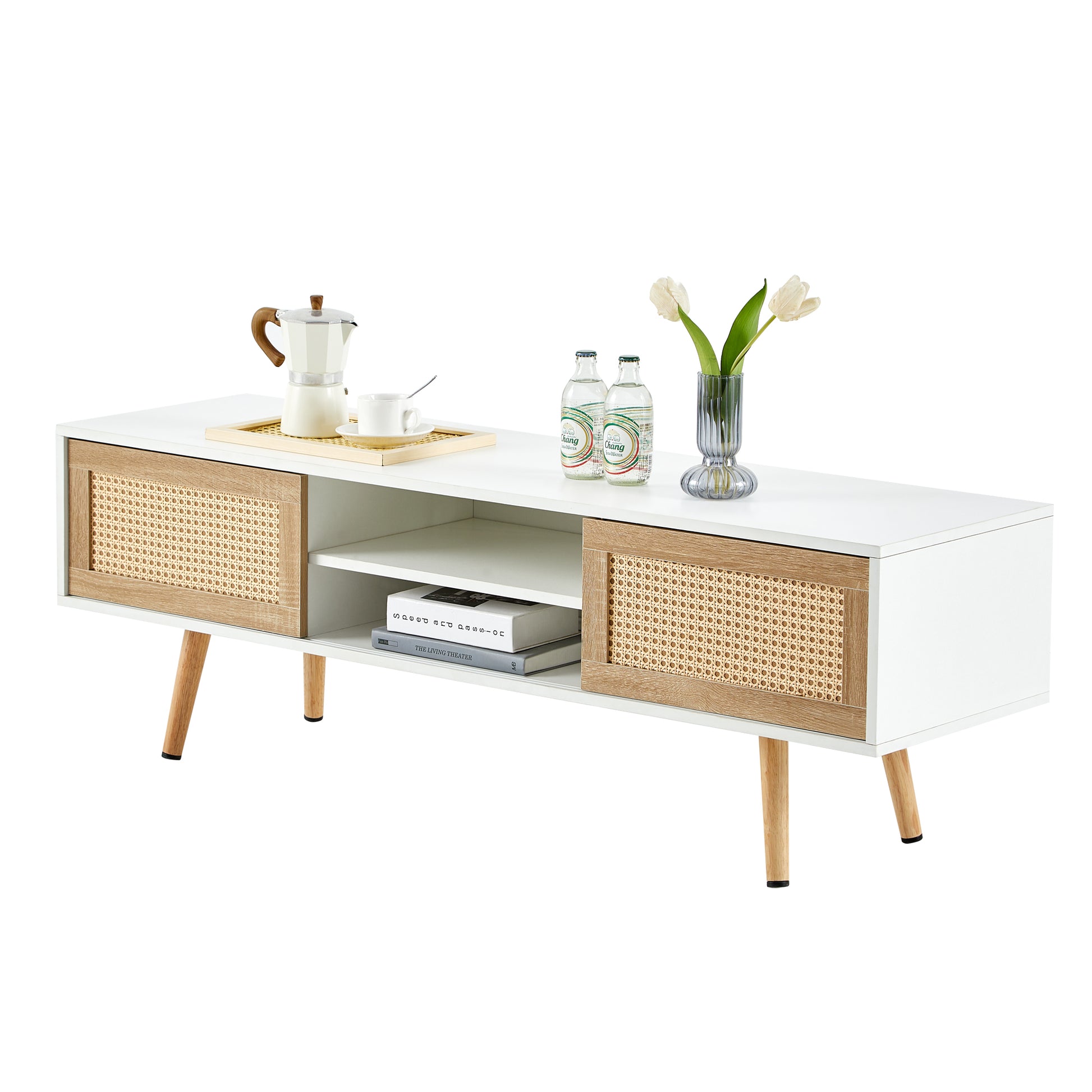 55.12" Rattan Tv Cabinet, Double Sliding Doors For Storage, Adjustable Shelf, Solid Wood Legs, Tv Console For Living Roomwhite White Solid Wood Mdf