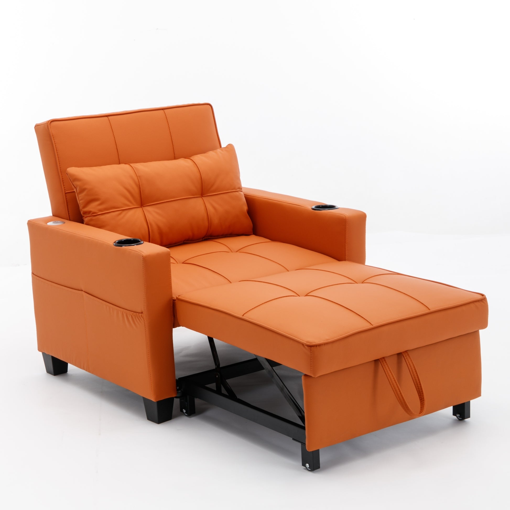 Futon Chair Bed Convertible Chair 3 In 1 Pull Out Sleeper Chair Beds With Usb Ports,Wear Resistant And Anti Scratch, Armchair Bed Sleeper For Living Room Orange Leather Orange Foam Leather 1 Seat