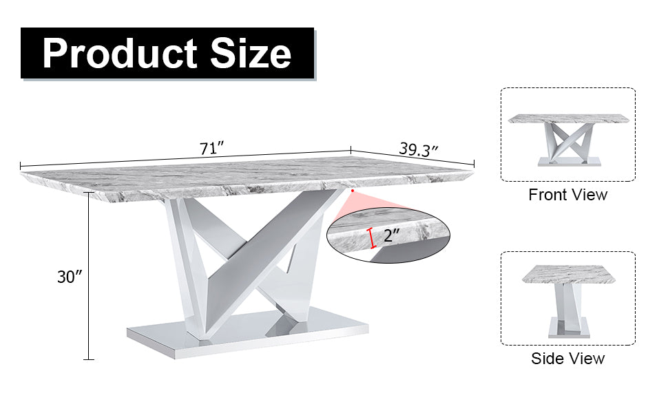 Modern Grey Mdf Faux Marble Dining Table With White Double V Shaped Supports And Plating Metal Base Spacious, Easy To Clean, Perfect For 6 8 People. F Vv Grey Mdf