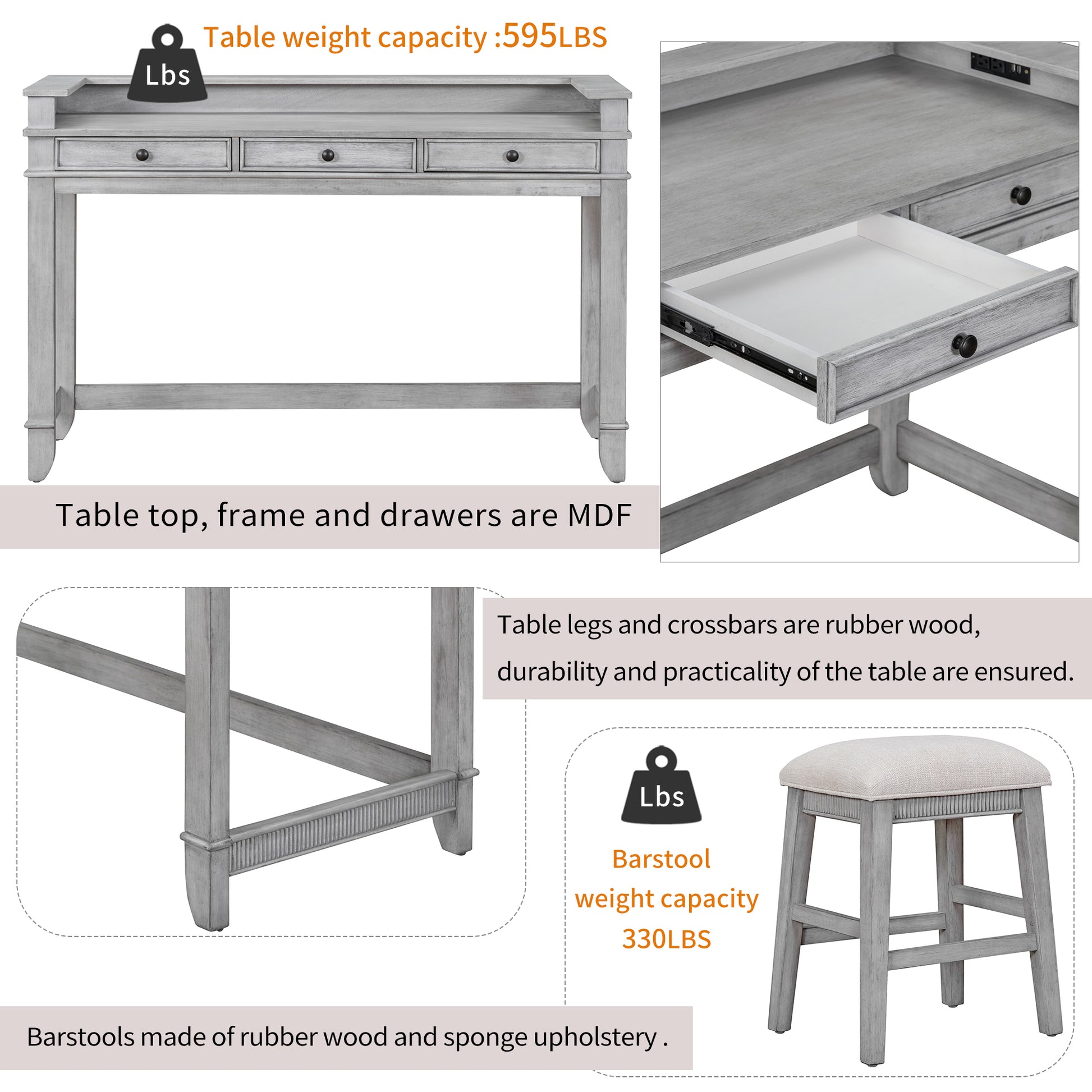 Txrem 4 Piece Dining Bar Table Set With 3 Upholstered Stools, Multifunctional Dining Table With 3 Drawers Gray Gray Rubber Wood