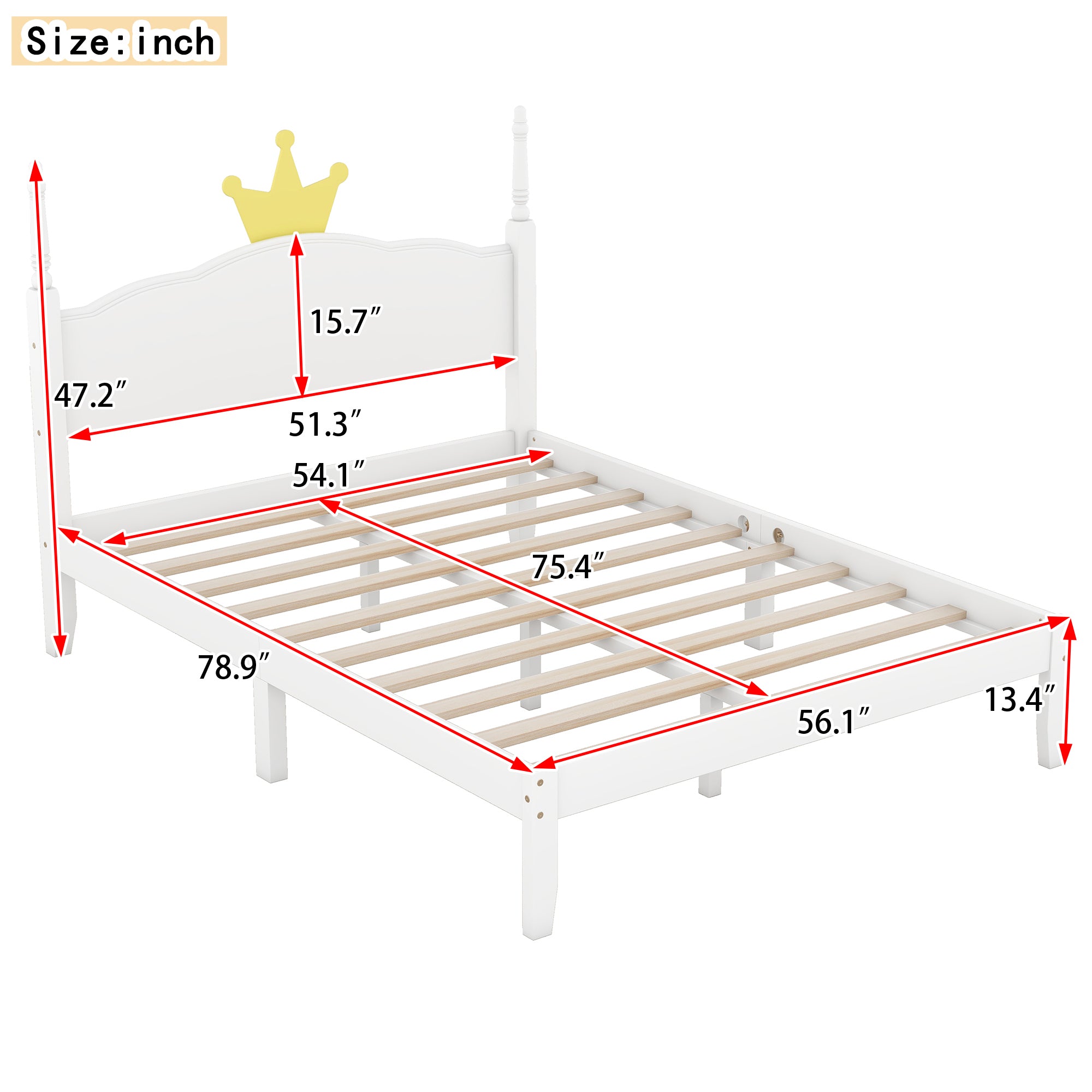 Full Size Wood Platform Bed with Crown Shaped