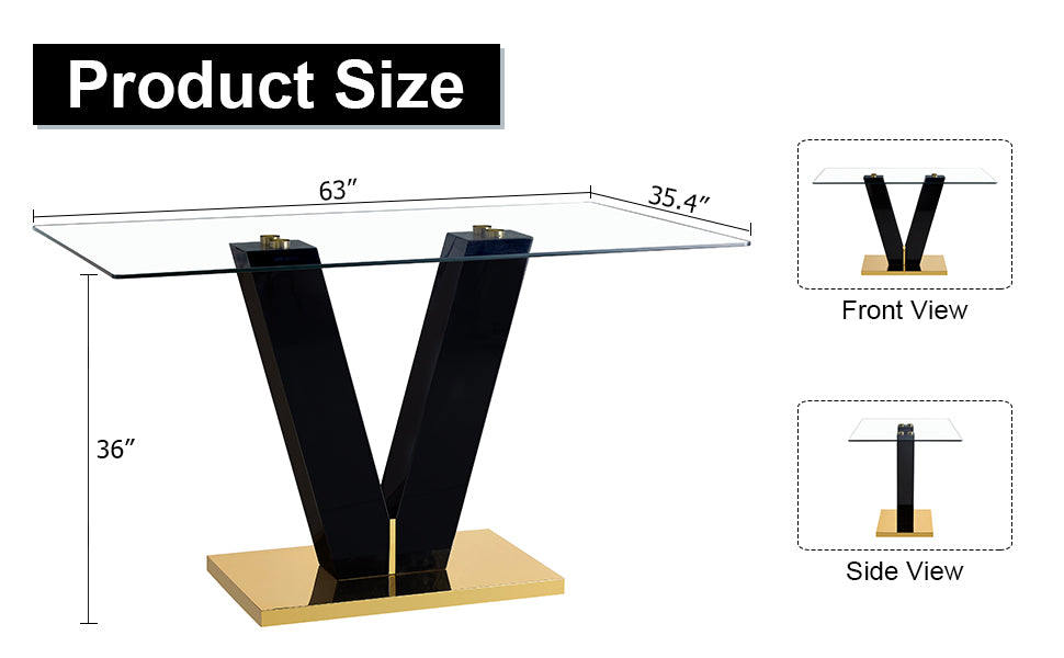 Large Modern Minimalist Rectangular Glass Dining Table For 6 8 With 0.4" Tempered Glass Tabletop And Mdf Slab V Shaped Bracket,For Kitchen Dining Living Meeting Room Banquet Hall F V Transparent Glass