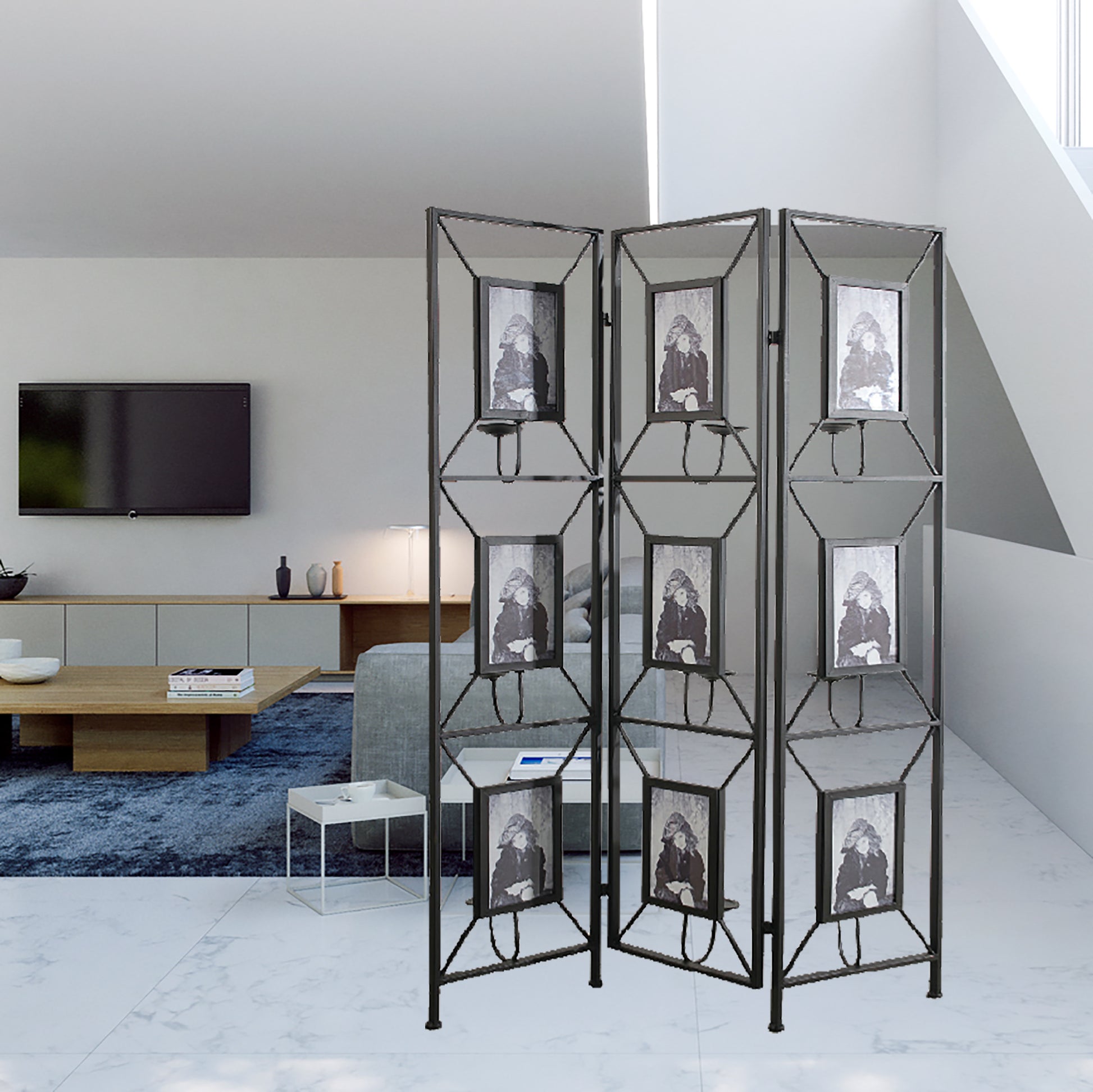 47X71" Room Photo Frames Screen Divider Screens, 3 Panel Decorative Screen With Photo Frames, Antique Mirror, Candle Stick Black Metal