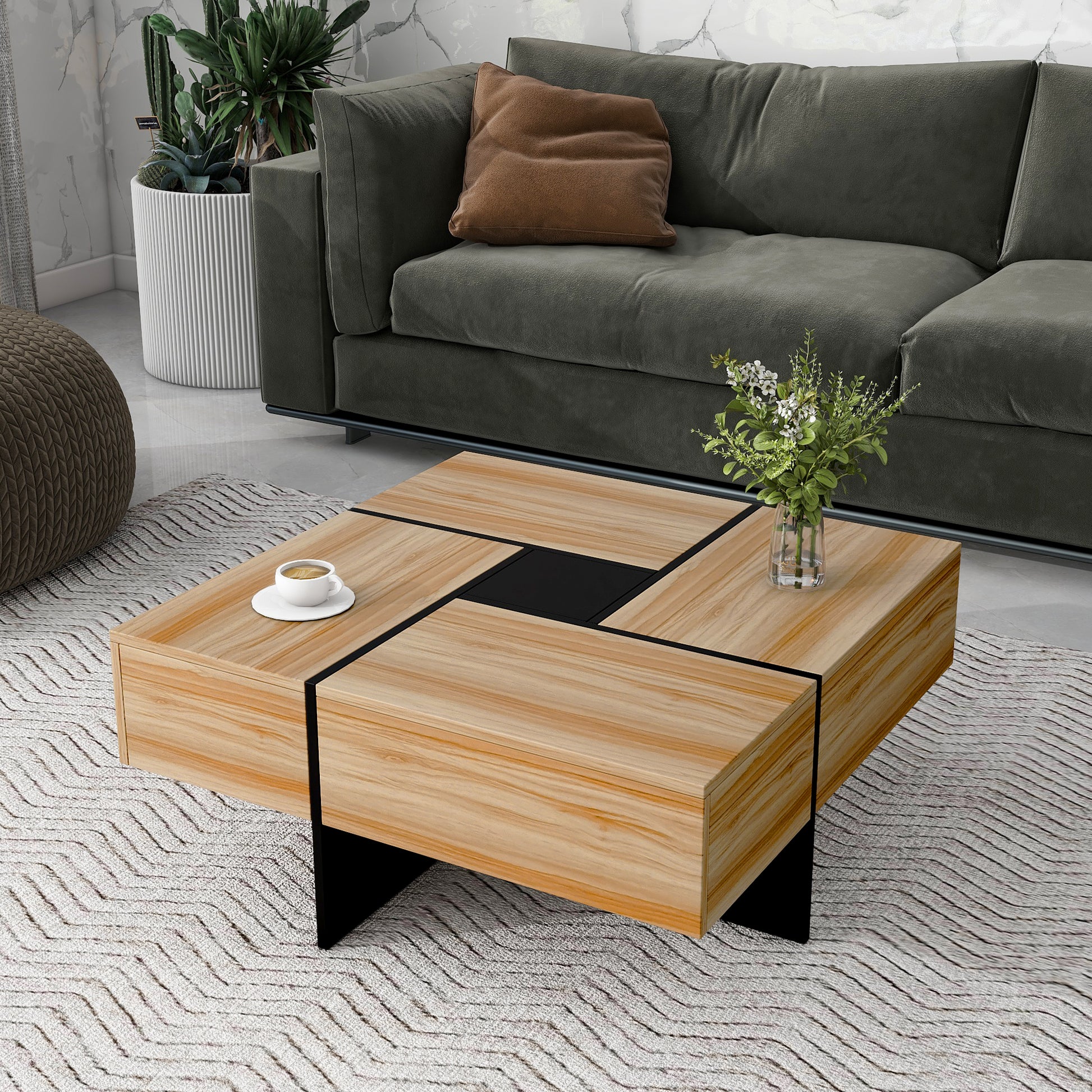 Unique Design Coffee Table With 4 Hidden Storage Compartments, Square Cocktail Table With Extendable Sliding Tabletop, Uv High Gloss Design Center Table For Living Room, 31.5"X 31.5" Brown Soft Close Drawers Primary Living Space Freestanding Square