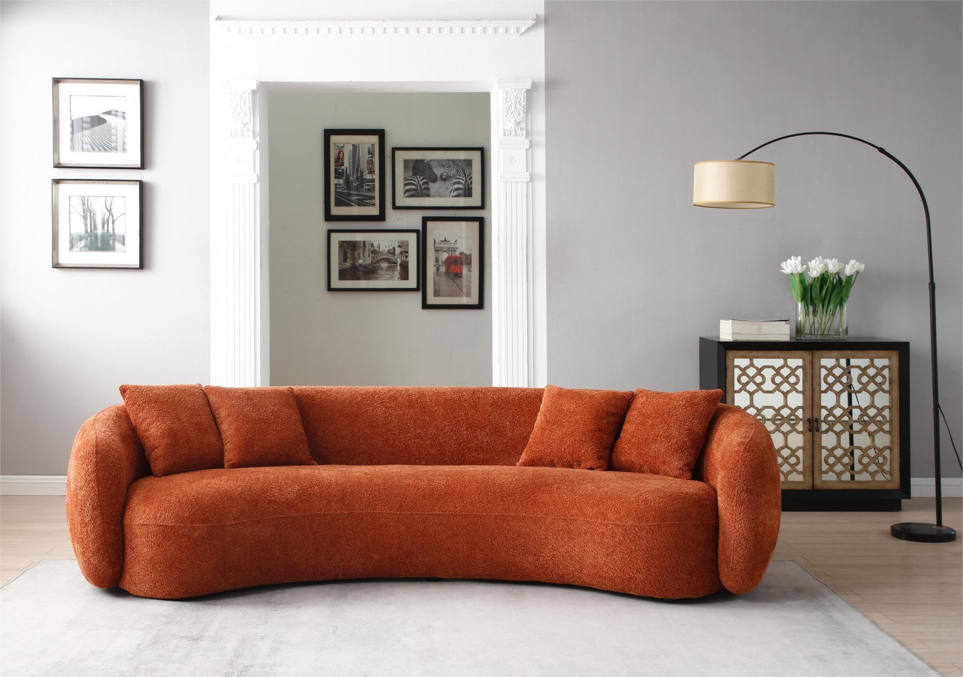 102'' 5 Seater Boucle Sofa Modern Sectional Half Moon Leisure Couch Curved Sofa Teddy Fleece Orange Orange Boucle 5 Seat