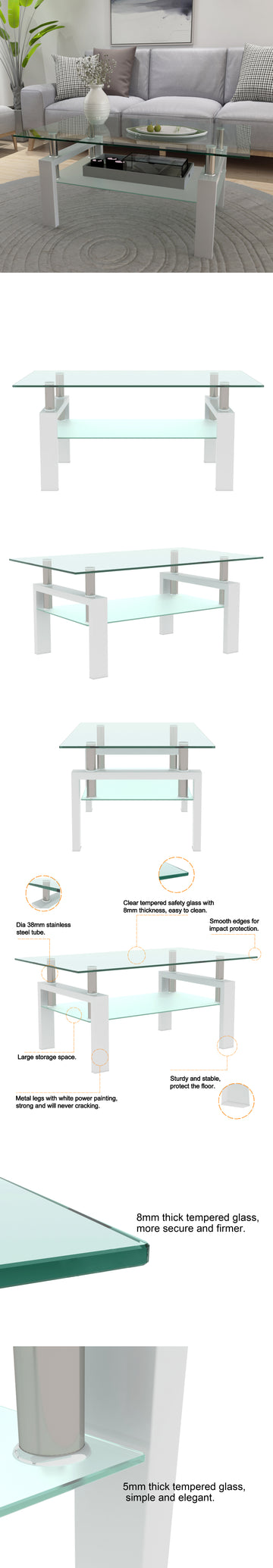 White Coffee Table, Clear Coffee Table, Modern Side Center Tables For Living Room, Living Room Furniture White Glass