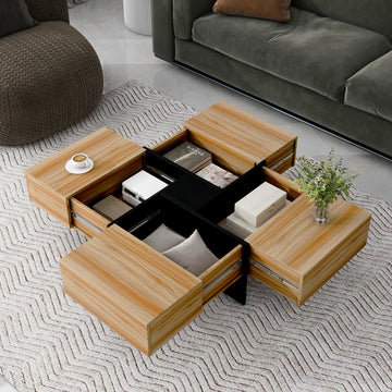 Unique Design Coffee Table With 4 Hidden Storage Compartments, Square Cocktail Table With Extendable Sliding Tabletop, Uv High Gloss Design Center Table For Living Room, 31.5"X 31.5" Brown Soft Close Drawers Primary Living Space Freestanding Square