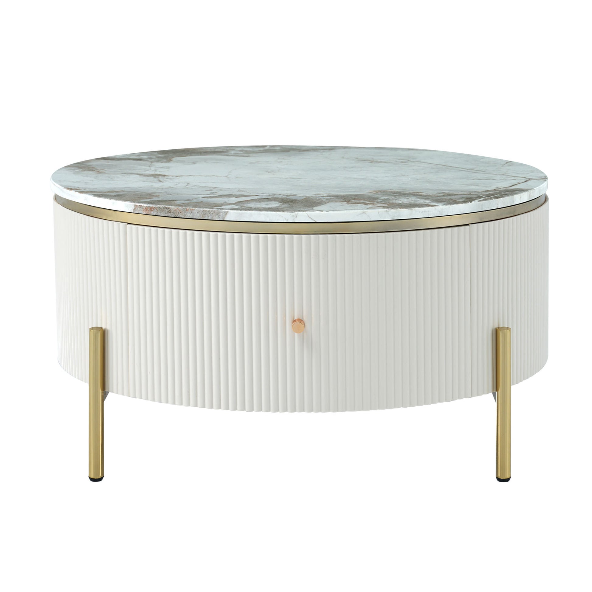 Modern Round Coffee Table With 2 Large Drawers Storage Accent Table 31.5'' Off White Mdf