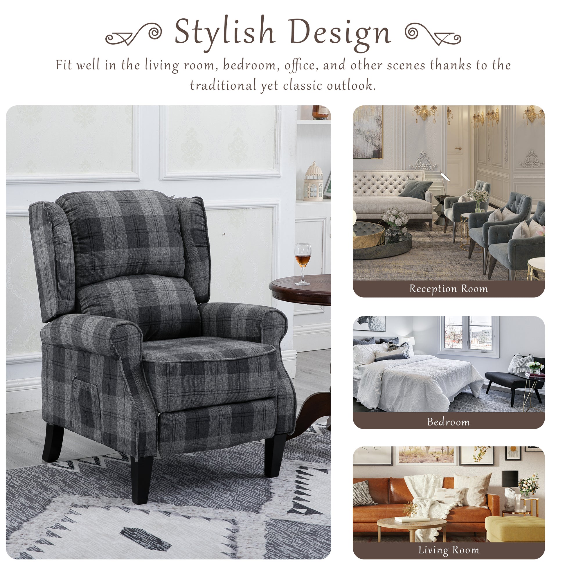 Vintage Armchair Sofa Comfortable Upholstered Leisure Chair Recliner Chair For Living Room Grey Check Grey Fabric 1 Seat