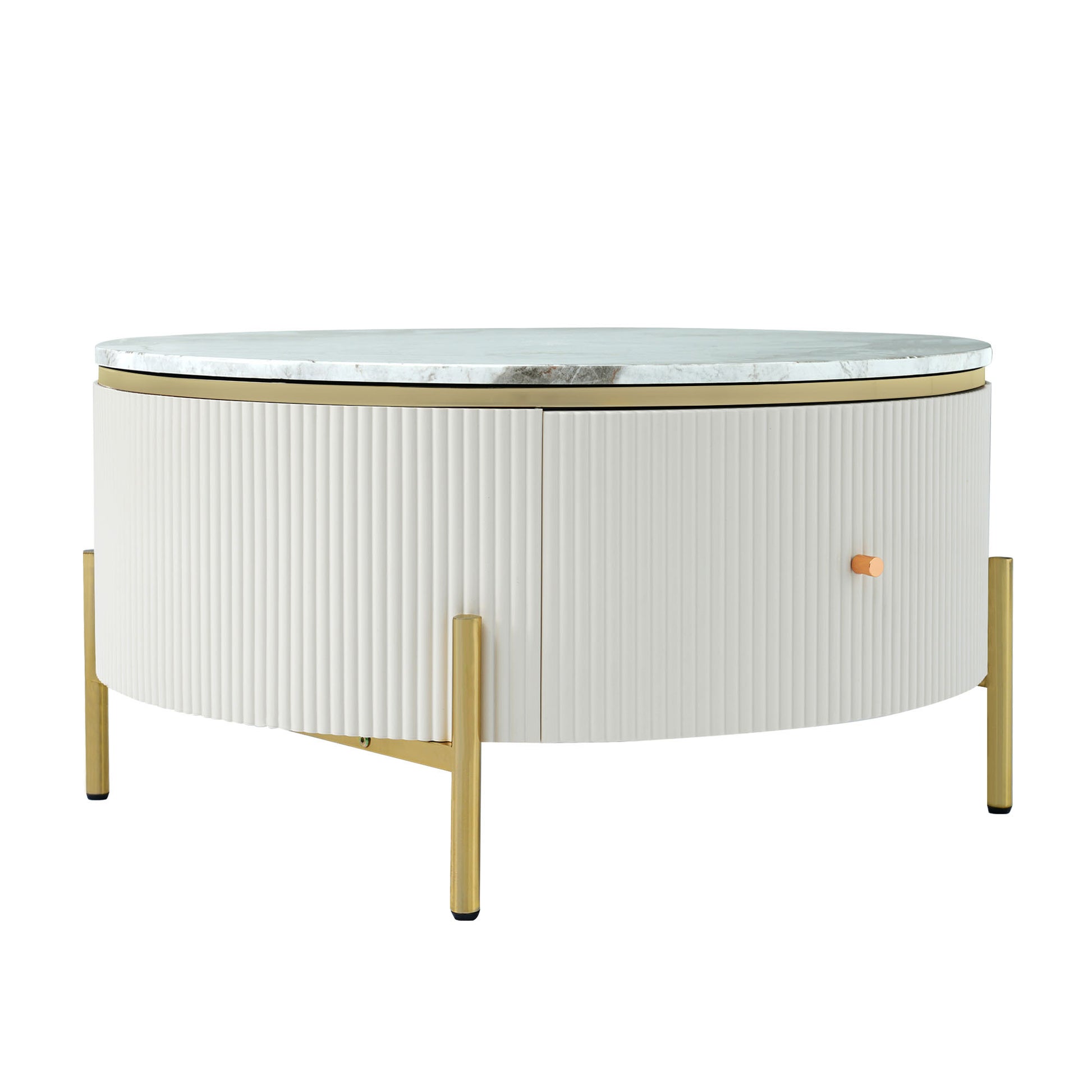 Modern Round Coffee Table With 2 Large Drawers Storage Accent Table 31.5'' Off White Mdf