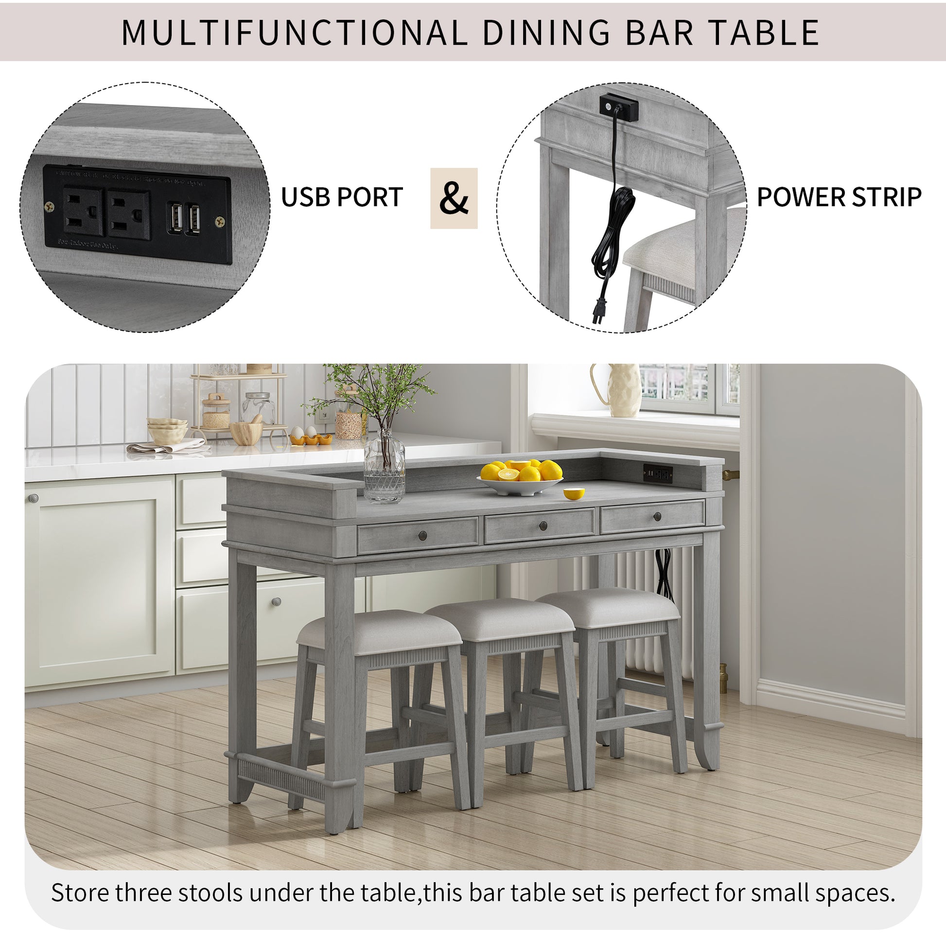 Txrem 4 Piece Dining Bar Table Set With 3 Upholstered Stools, Multifunctional Dining Table With 3 Drawers Gray Gray Rubber Wood