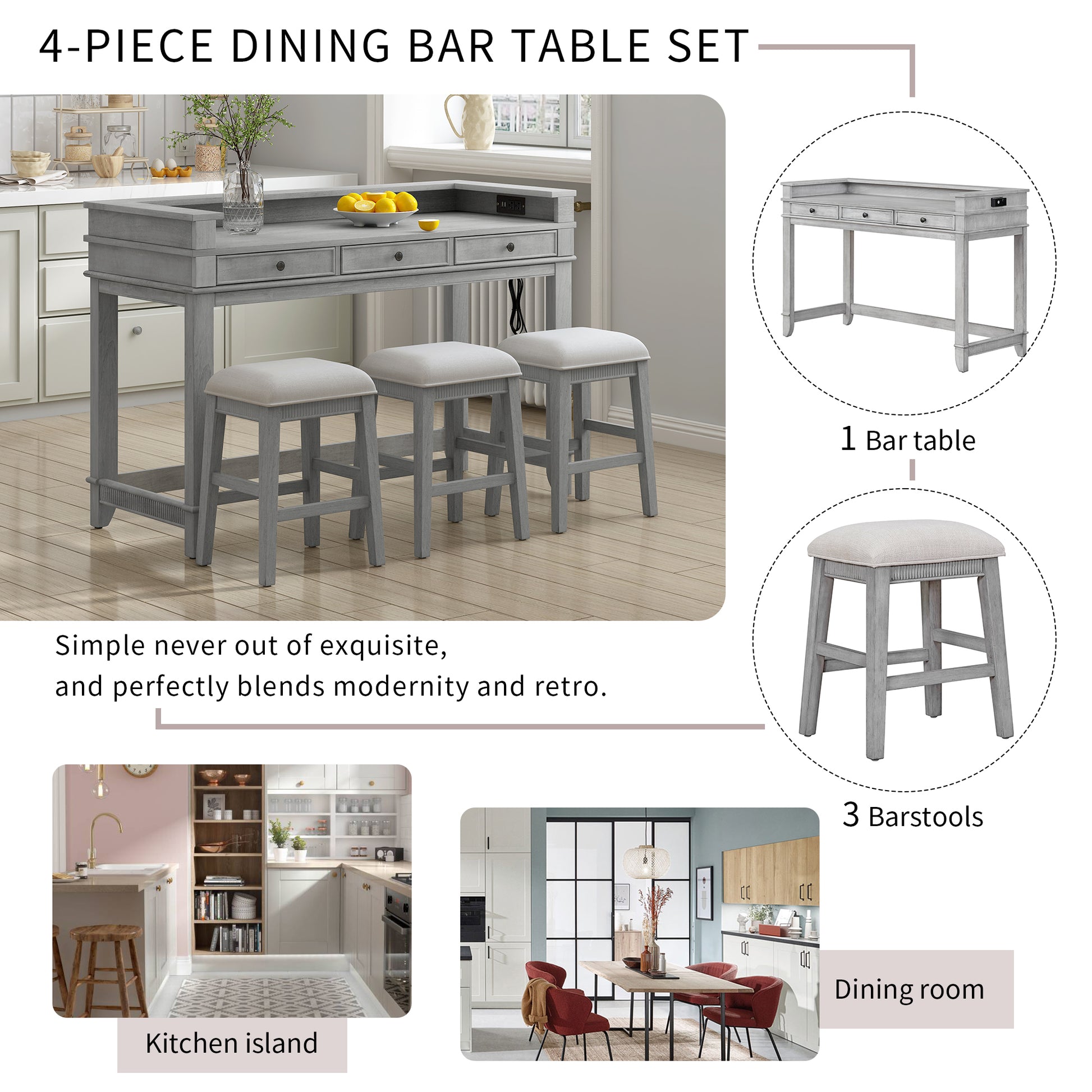 Txrem 4 Piece Dining Bar Table Set With 3 Upholstered Stools, Multifunctional Dining Table With 3 Drawers Gray Gray Rubber Wood