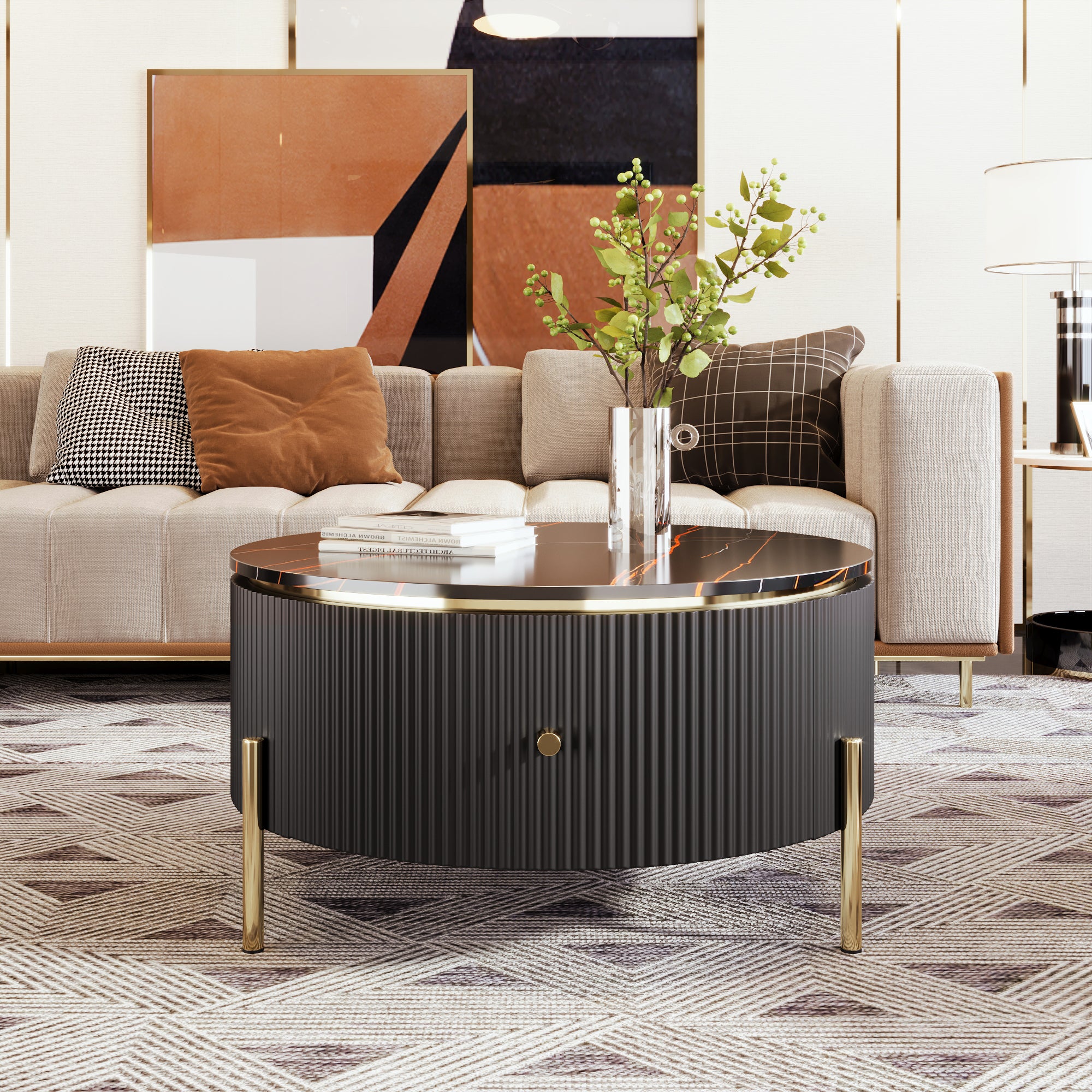 Modern Round Coffee Table With 2 Large Drawers Storage Accent Table 31.5'' Black Mdf