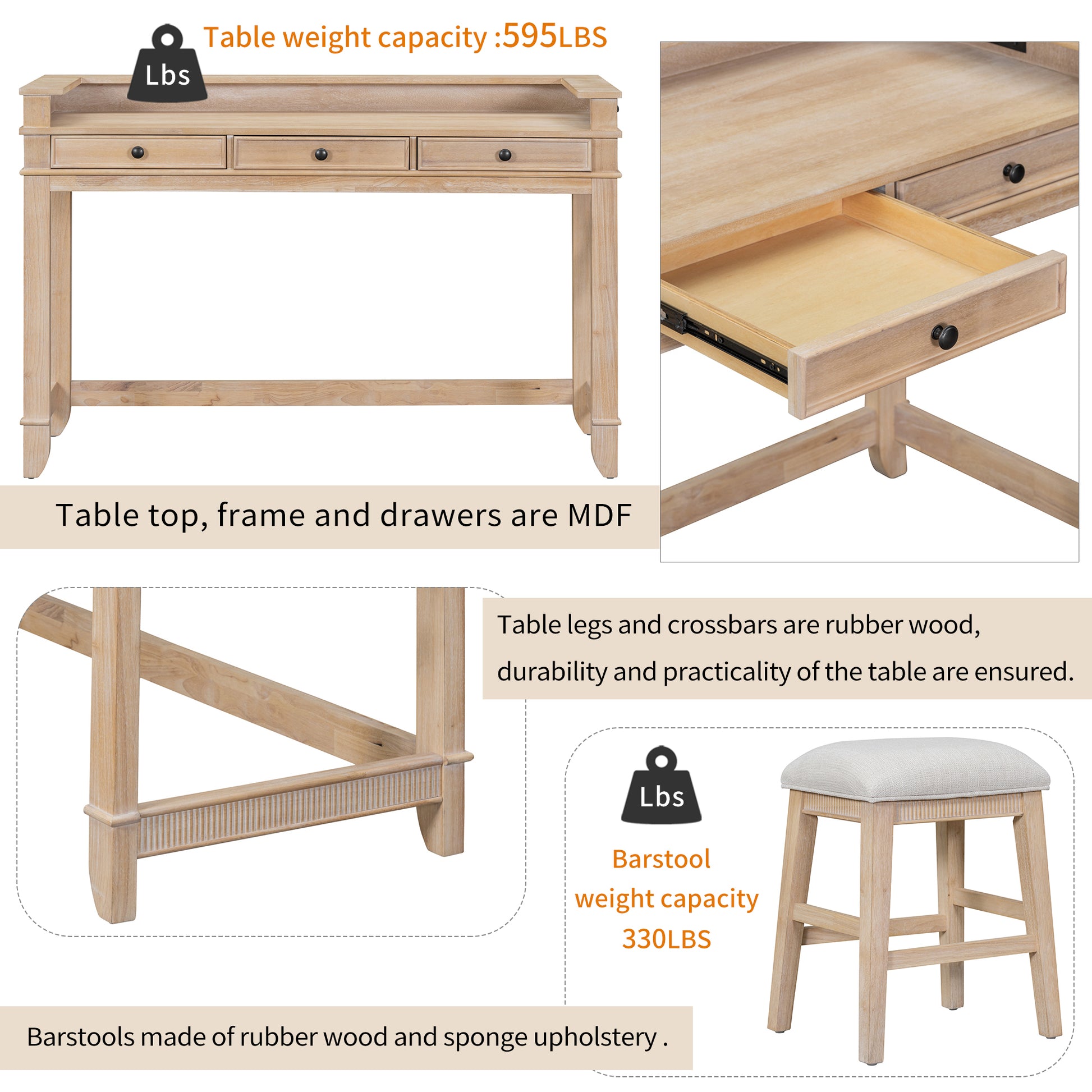 Txrem 4 Piece Dining Bar Table Set With 3 Upholstered Stools, Multifunctional Dining Table With 3 Drawers Natural Wood Wash Natural Wood Wash Rubber Wood