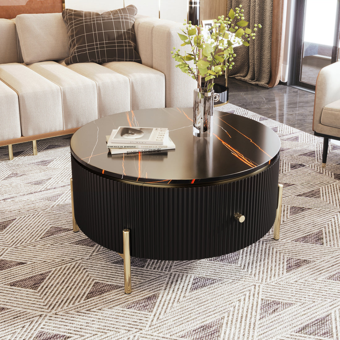 Modern Round Coffee Table With 2 Large Drawers Storage Accent Table 31.5'' Black Mdf