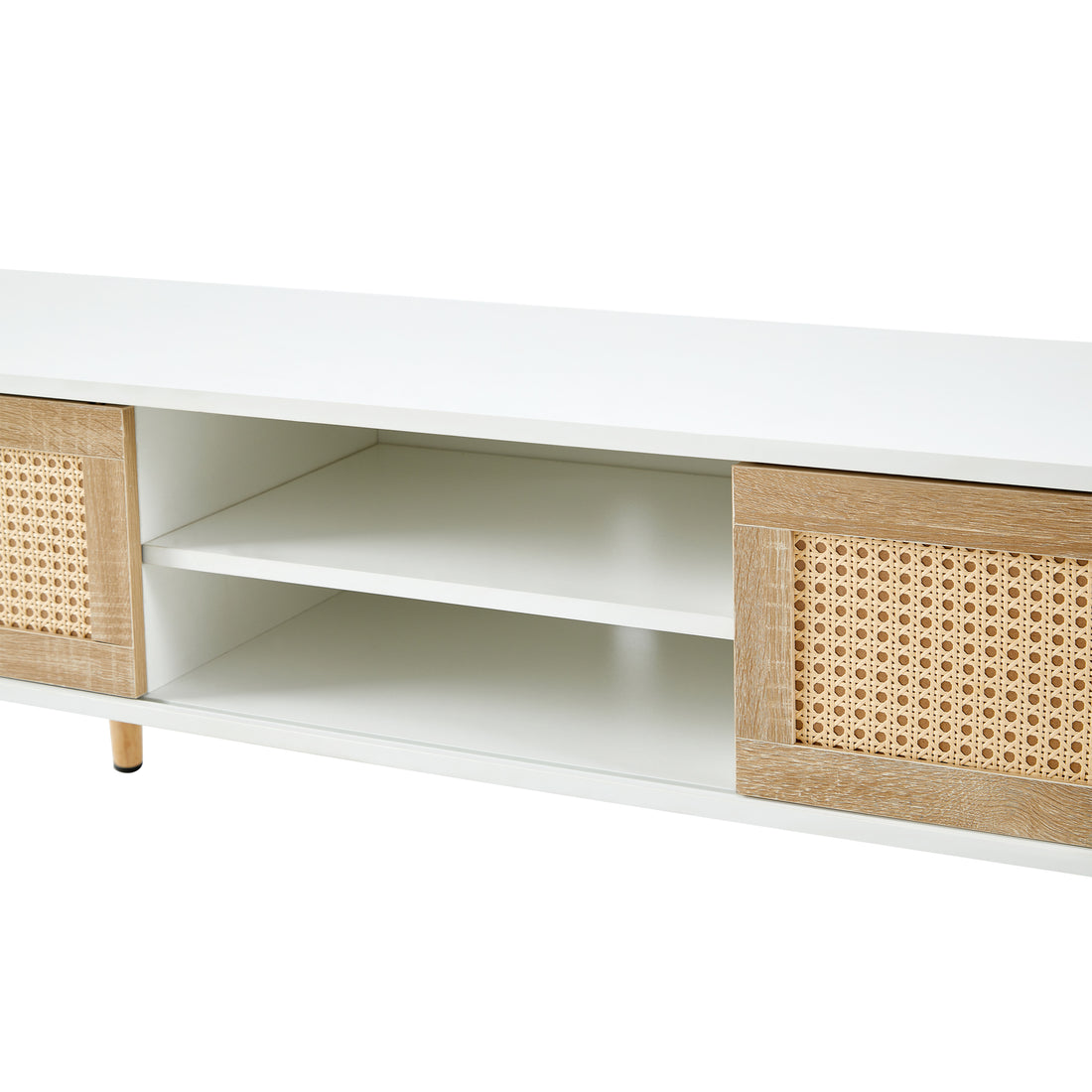 55.12" Rattan Tv Cabinet, Double Sliding Doors For Storage, Adjustable Shelf, Solid Wood Legs, Tv Console For Living Roomwhite White Solid Wood Mdf