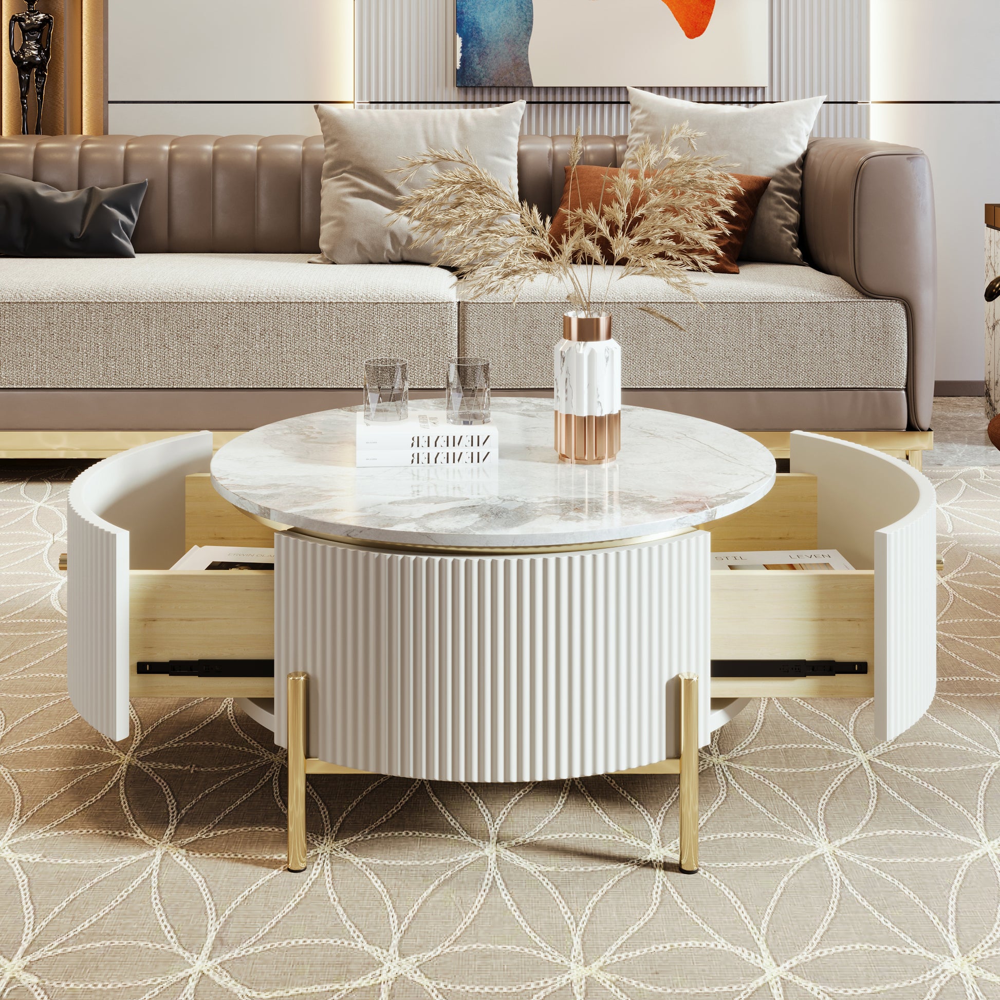 Modern Round Coffee Table With 2 Large Drawers Storage Accent Table 31.5'' Off White Mdf