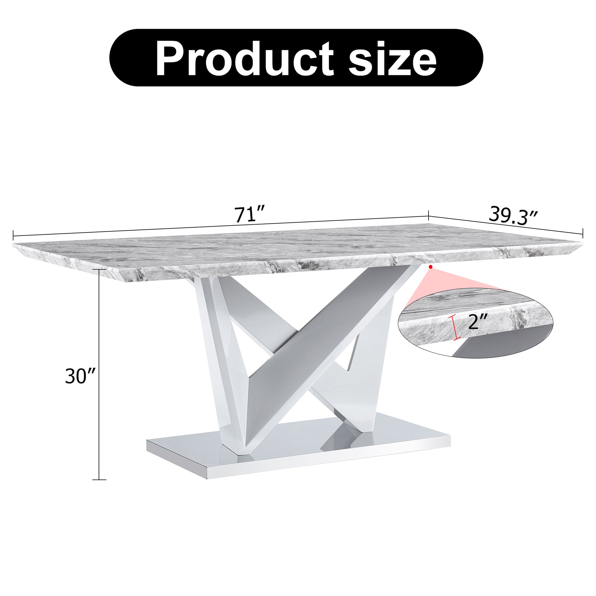 Modern Grey Mdf Faux Marble Dining Table With White Double V Shaped Supports And Plating Metal Base Spacious, Easy To Clean, Perfect For 6 8 People. F Vv Grey Mdf