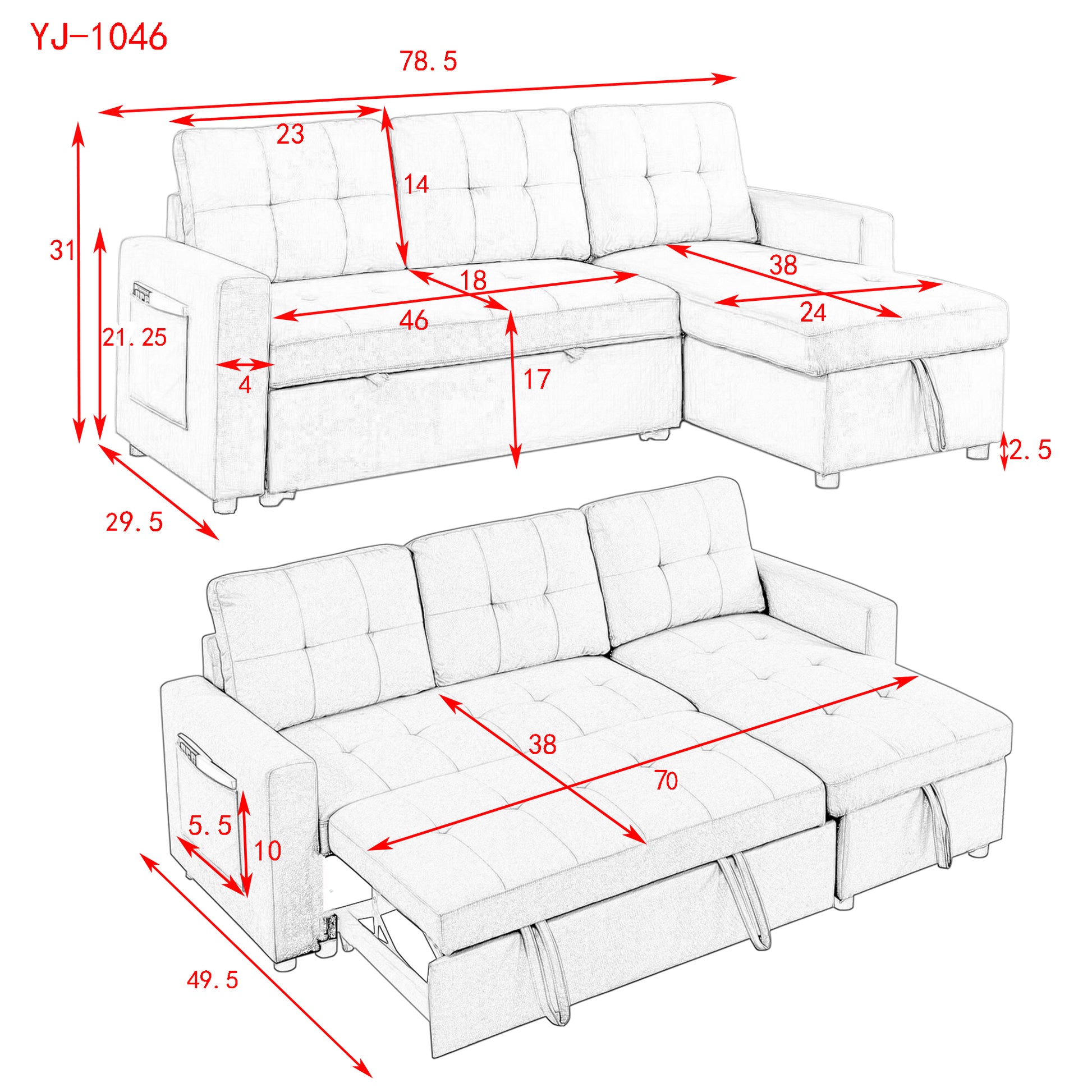 Mh 78.5" Sleeper Sofa Bed Reversible Sectional Couch With Storage Chaise And Side Storage Bag For Small Space Living Room Furniture Set Black Primary Living Space Eucalyptus Polyester Fabric