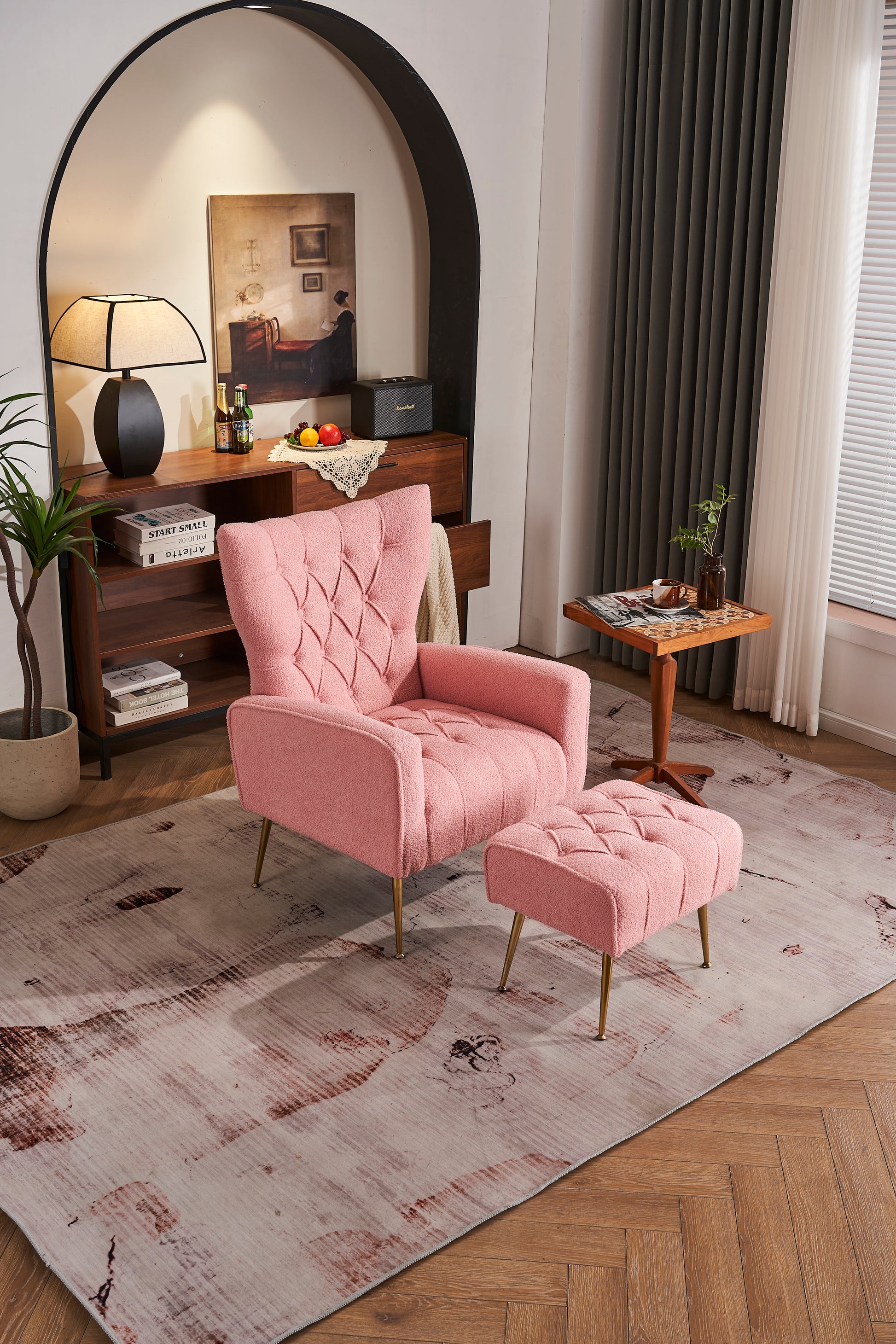 Modern Accent Chair With Ottoman, Comfy Armchair For Living Room, Bedroom, Apartment, Office Pink Pink Primary Living Space Classic Polyester